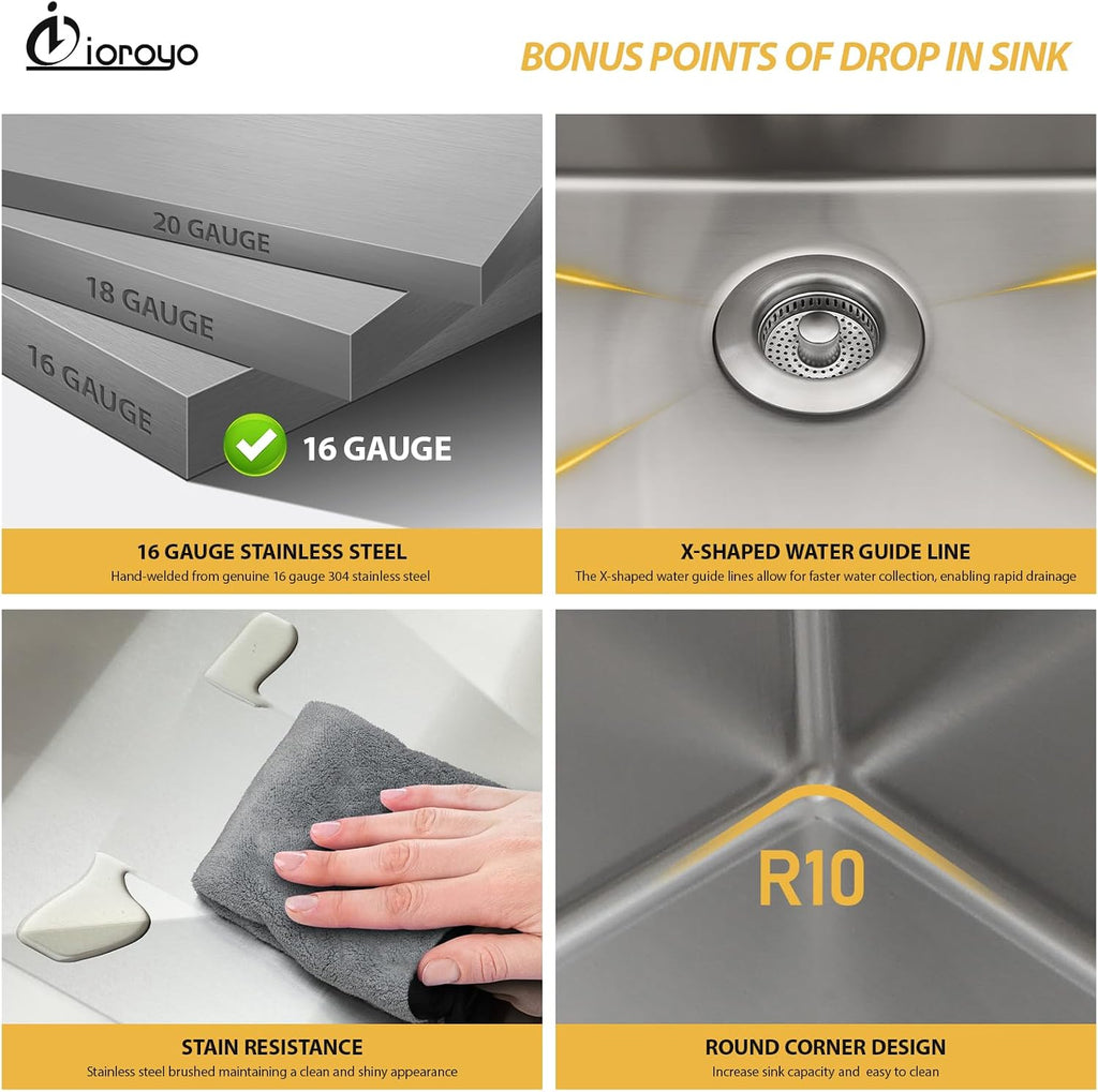 36 inch Drop in Kitchen Sink Workstation Large Kitchen Sink 16 Gauge Topmount Stainless Steel Over Counter Single bowl 36x22 sink Basin with Mixing Bowl