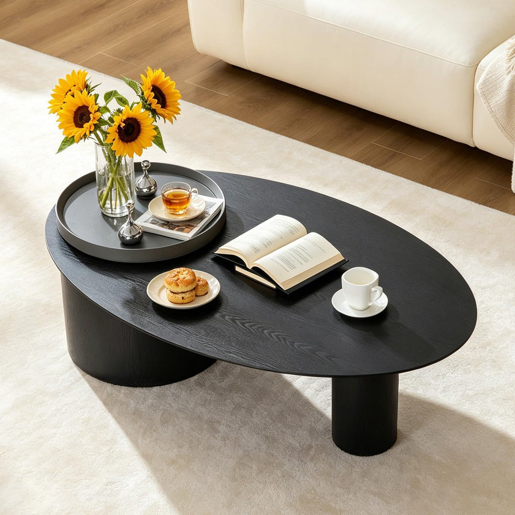 Modern Wooden Oval Coffee Table with Storage, 47.24' Farmhouse Wood Coffee Table Mid Century Boho Curved Center Table with Legs for Living Room Office, Black