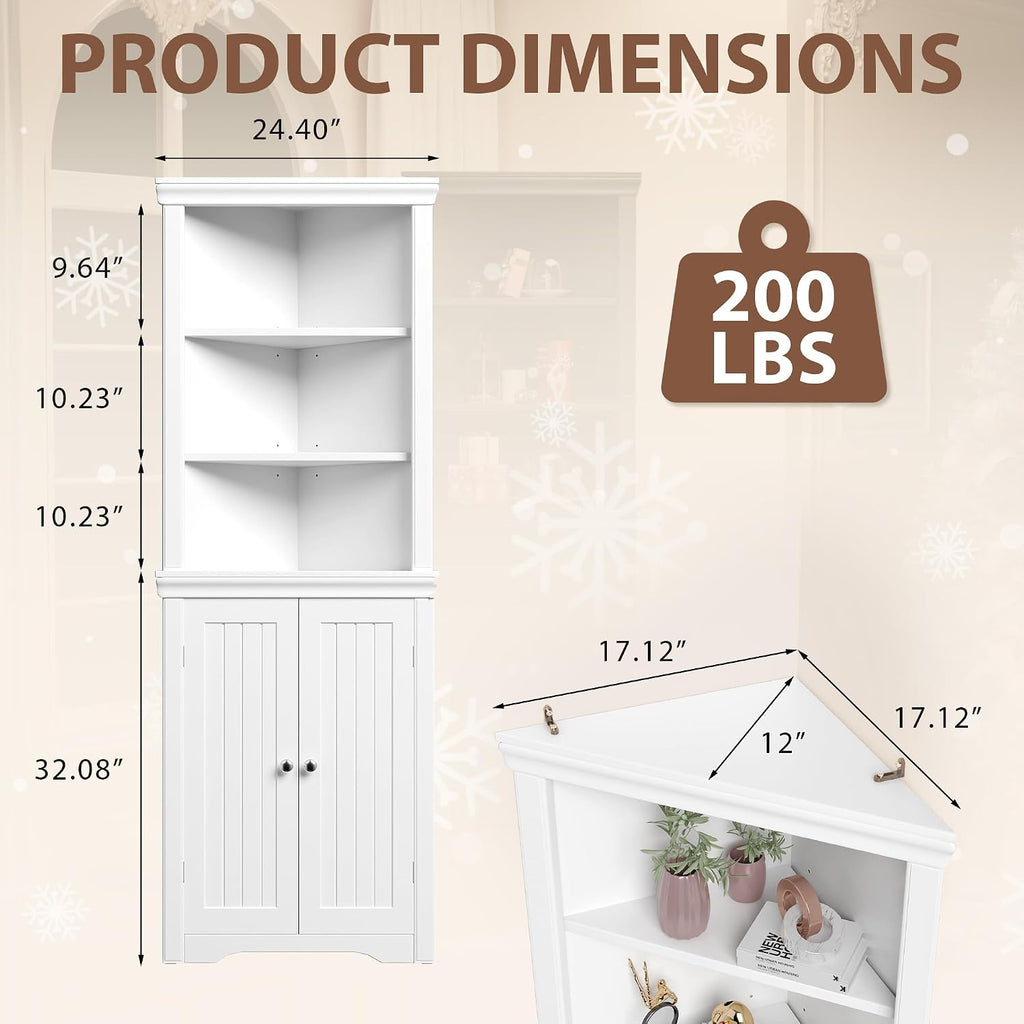Furmax 62' Corner Cabinet, Bathroom Storage Cabinet with 6 Adjustable Shelves & 2 Doors, Freestanding Corner Shelf for Living Room, Bathroom, Kitchen (White)