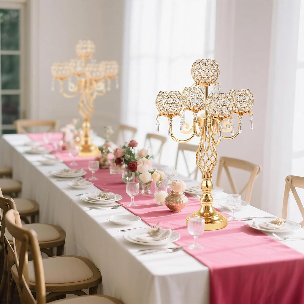 5-Arm Crystal Candelabra Centerpiece 23.2' Tall - Elegant Candle Holder Stand with Crystal Bowl, Chic Table Decor for Weddings, Parties, Anniversary & Home Decoration (4, Gold)