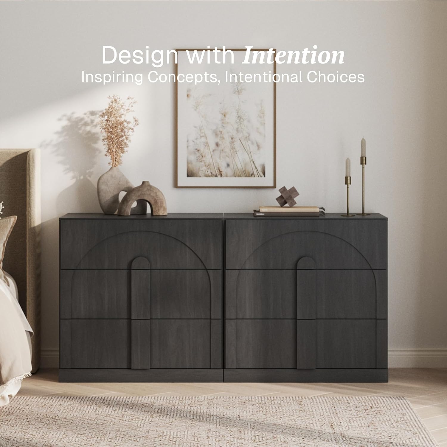 BELLEZE Sideboard Cabinet with 3 Drawers, Set of 2 Modern Wood Buffet Cabinet with Arc Design, Large Fluted Sideboard with Storage for Dining Room Living Room Entryway, Ebony