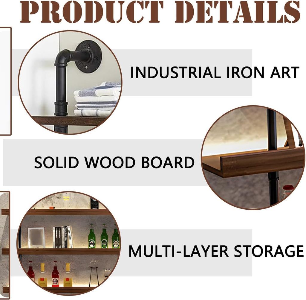 Solid Wood Wine Racks Wall Mounted with LED Lights, Metal Wine Bottles Display Shelf, Industrial Floating Lighted Bar Shelves Liquor Rack for Home & Dining Room (120cm/47.2in)