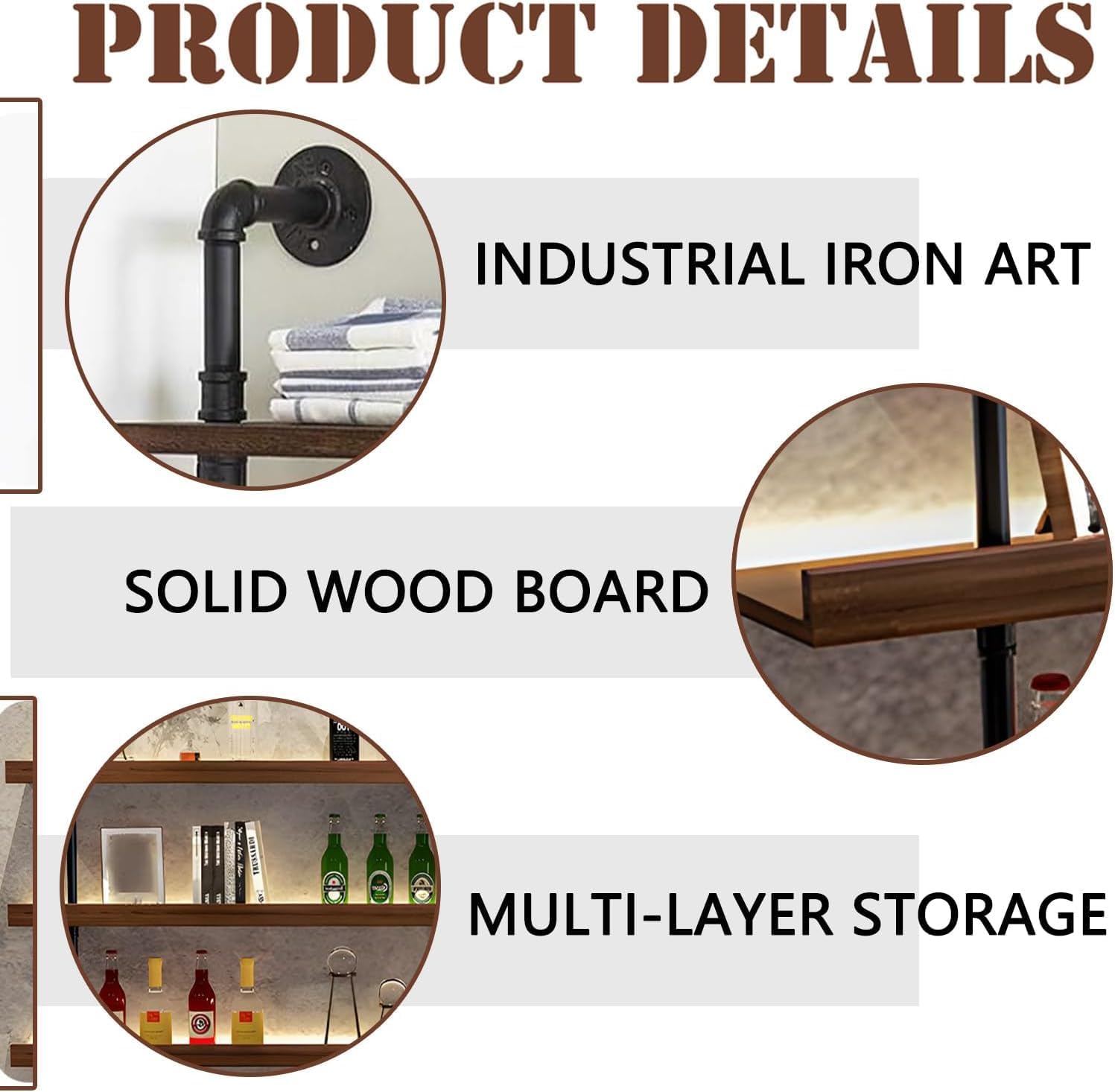 Large Wine Rack with LED Light Solid Wood Wall Mounted Wine Rack, 3-Tiers Liquor Bottles Floating Shelves Display Storage Organizer for Home Bar & Dining Room (80cm/31.4in)