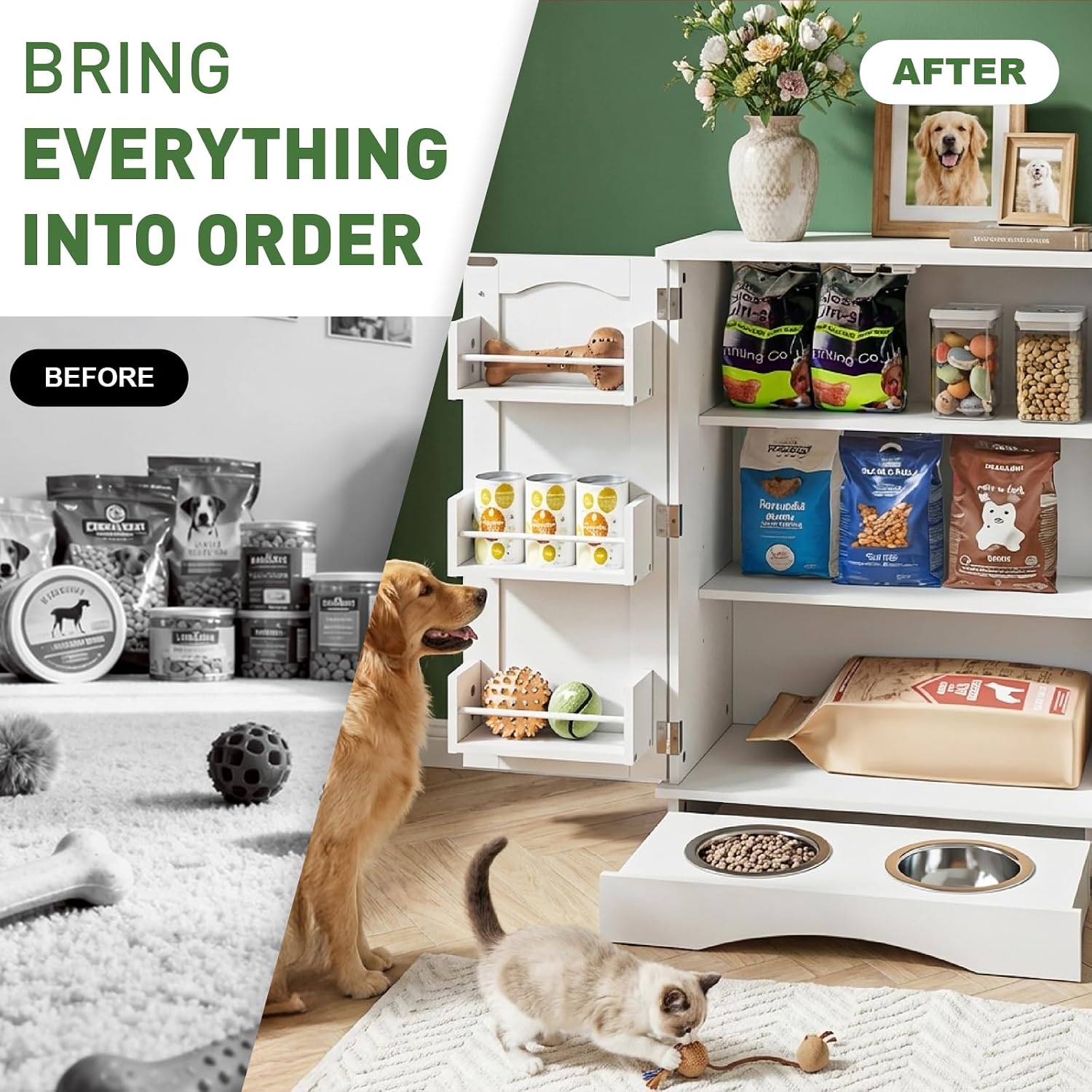Hometis 23.5'(w) Dog Feeding Station with Storage, Dual Door Hung Storage, Hidden Feeding Bowls,(Off White)