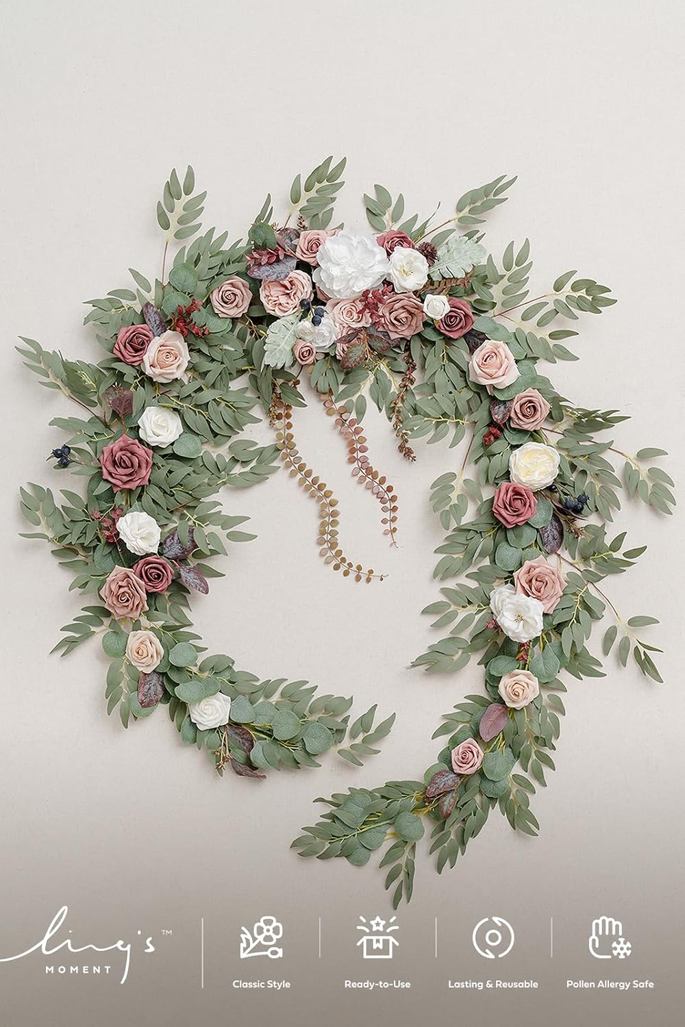 Ling's moment 9FT Eucalyptus and Willow Leaf Garland with White Flower, Handcrafted Wedding Sweetheart Table Centerpieces Head Table Decor Arch Backdrop Decorations for Wedding | Dusty Rose & Mauve