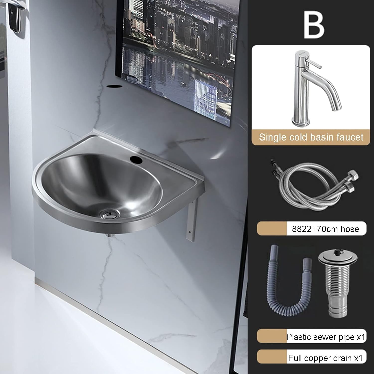 Stainless Steel Single Bowl Sink Wall-Mounted Triangle Wash Basin Kitchen Sink, Easy to Install(with Faucet and Inlet Pipe) (Color : Silver, Size : A) (Silver B)