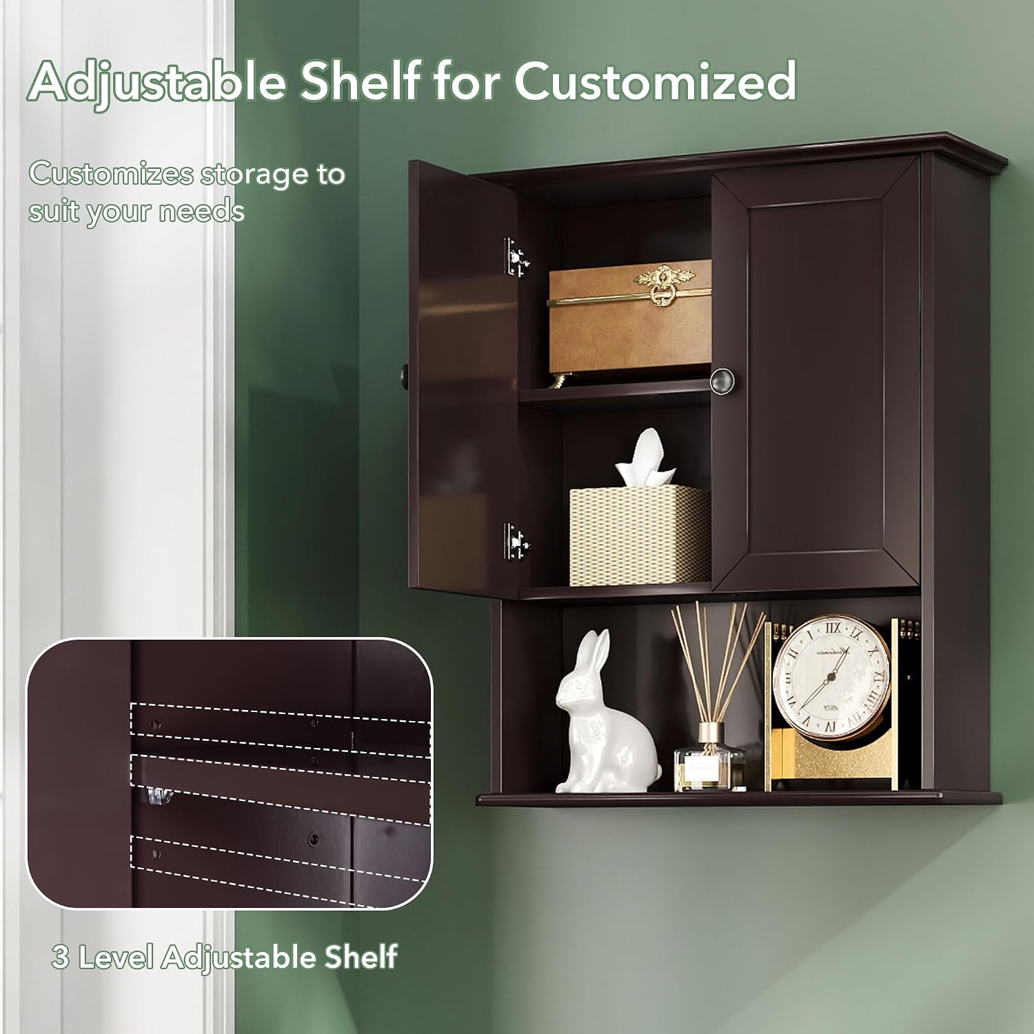 Bathroom Cabinet Wall Mounted Dark Espresso Wooden Medicine Cabinets Over Toilet Storage 24x30 Inch Hanging Wall Cabinet with 2 Door & Adjustable Shelf, Soft Hinge, Metal Handle
