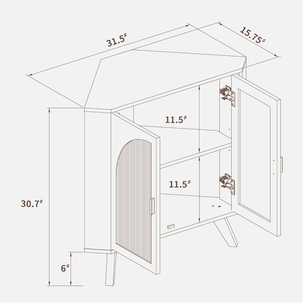 BERRYMERRY Fluted Corner Cabinet with Storage,Space Saving Corner Floor Cabinet with Adjustable Shelve & Arched Profile Door for Living Room Kitchen Bathroom (Brown, 15.7'D x 31.5'W x 30.7'H)