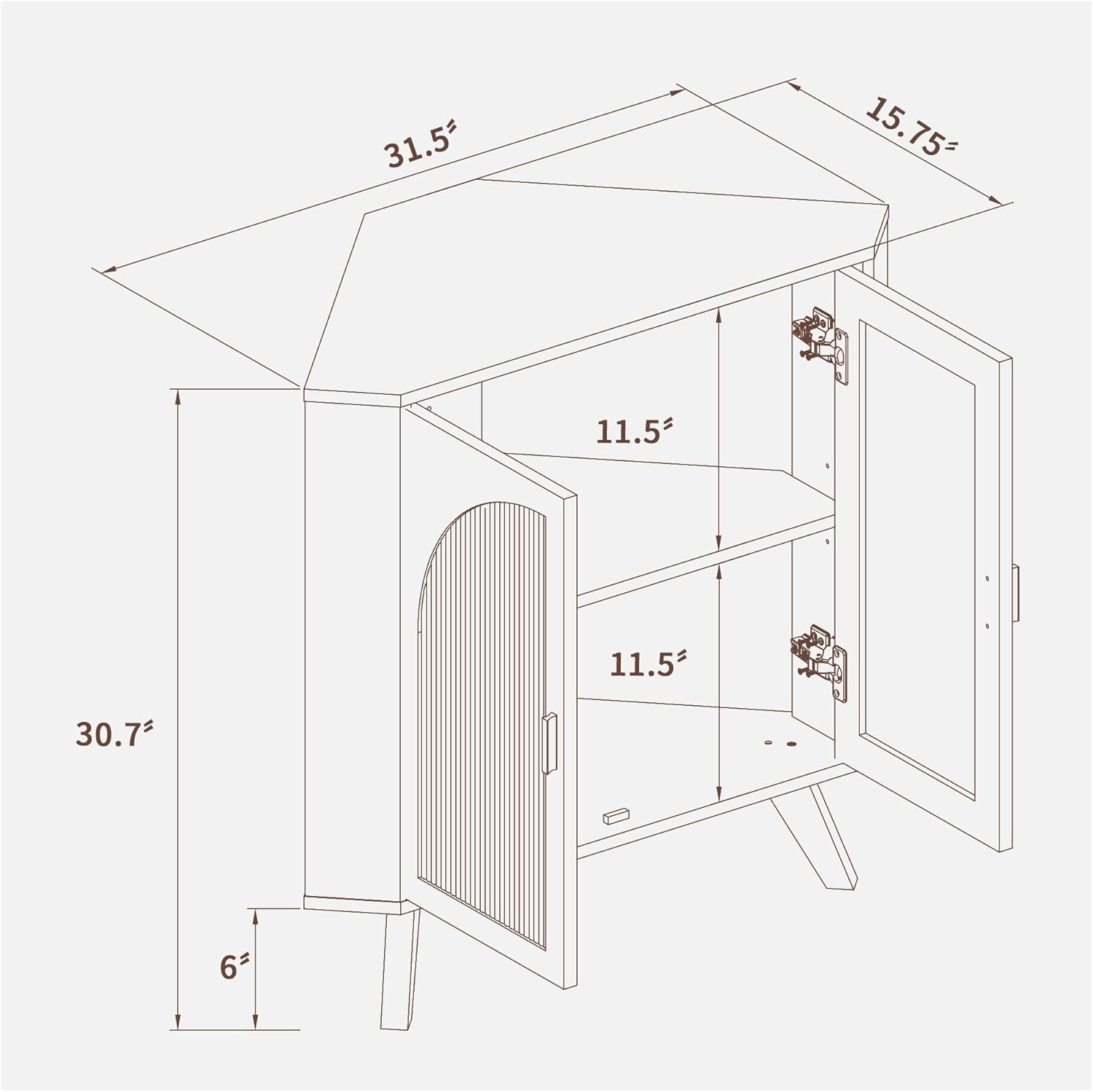 BERRYMERRY Fluted Corner Cabinet with Storage,Space Saving Corner Floor Cabinet with Adjustable Shelve & Arched Profile Door for Living Room Kitchen Bathroom (Brown, 15.7'D x 31.5'W x 30.7'H)