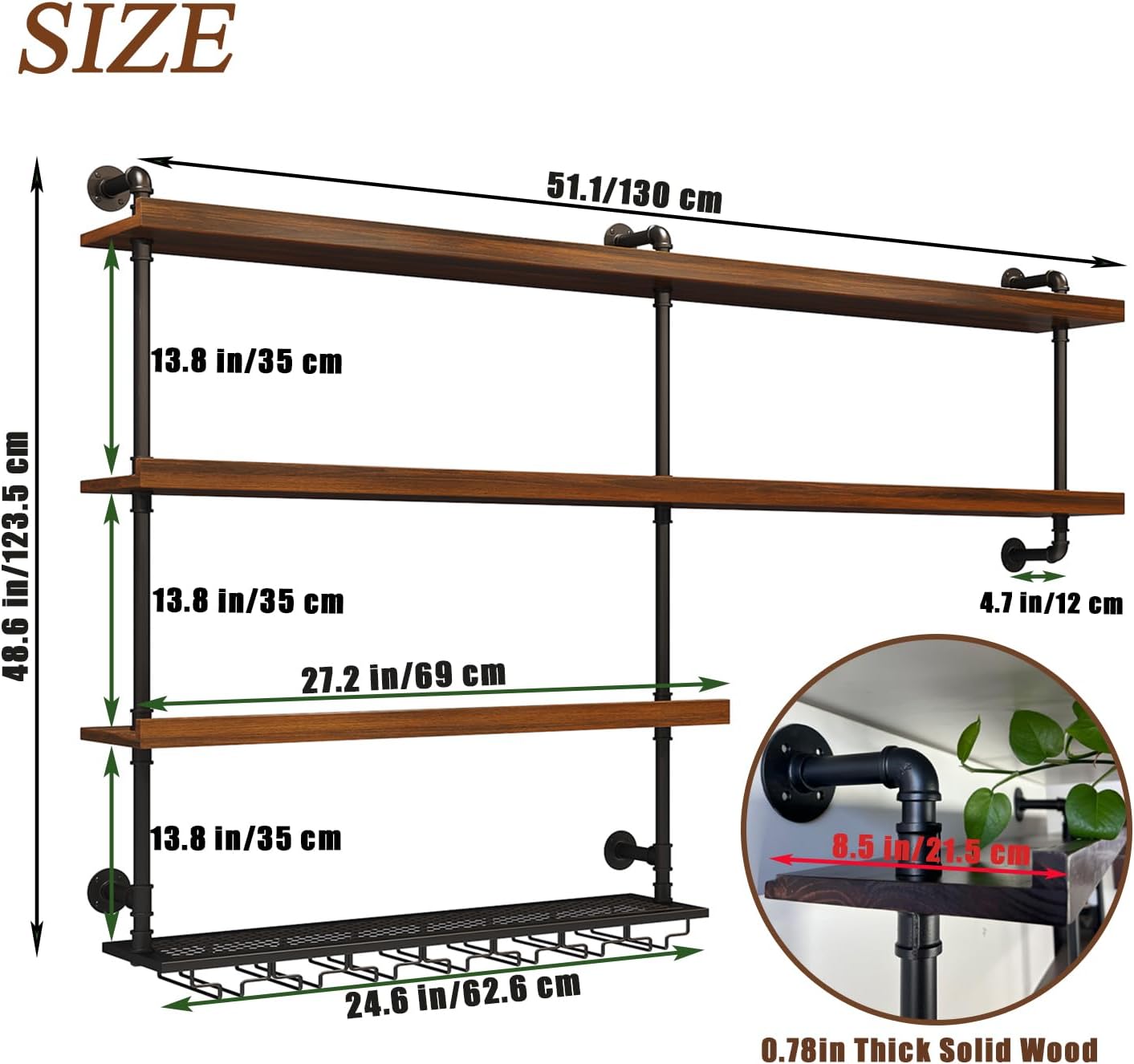 Solid Wood Wall Mounted Wine Rack, Large Wine Rack with LED Light, 4 Tiers Liquor Bottles Floating Shelves with Glass Holder, Industrial Bar Shelves for Home Bar Dining Room(51.2 in/ 130CM)