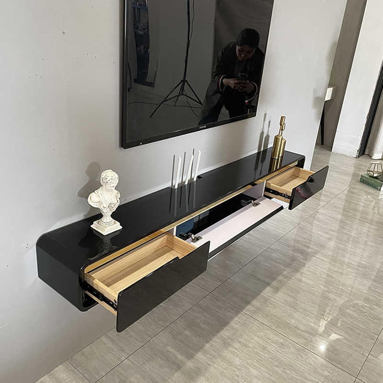 Solid Wood Floating TV Stand Wall Mounted, Black, 47.2' Wall Mounted Entertainment Center Console, Hanging tv Media Shelf for Living Room, Bedroom (DSGBLACK-A, 47.2IN)