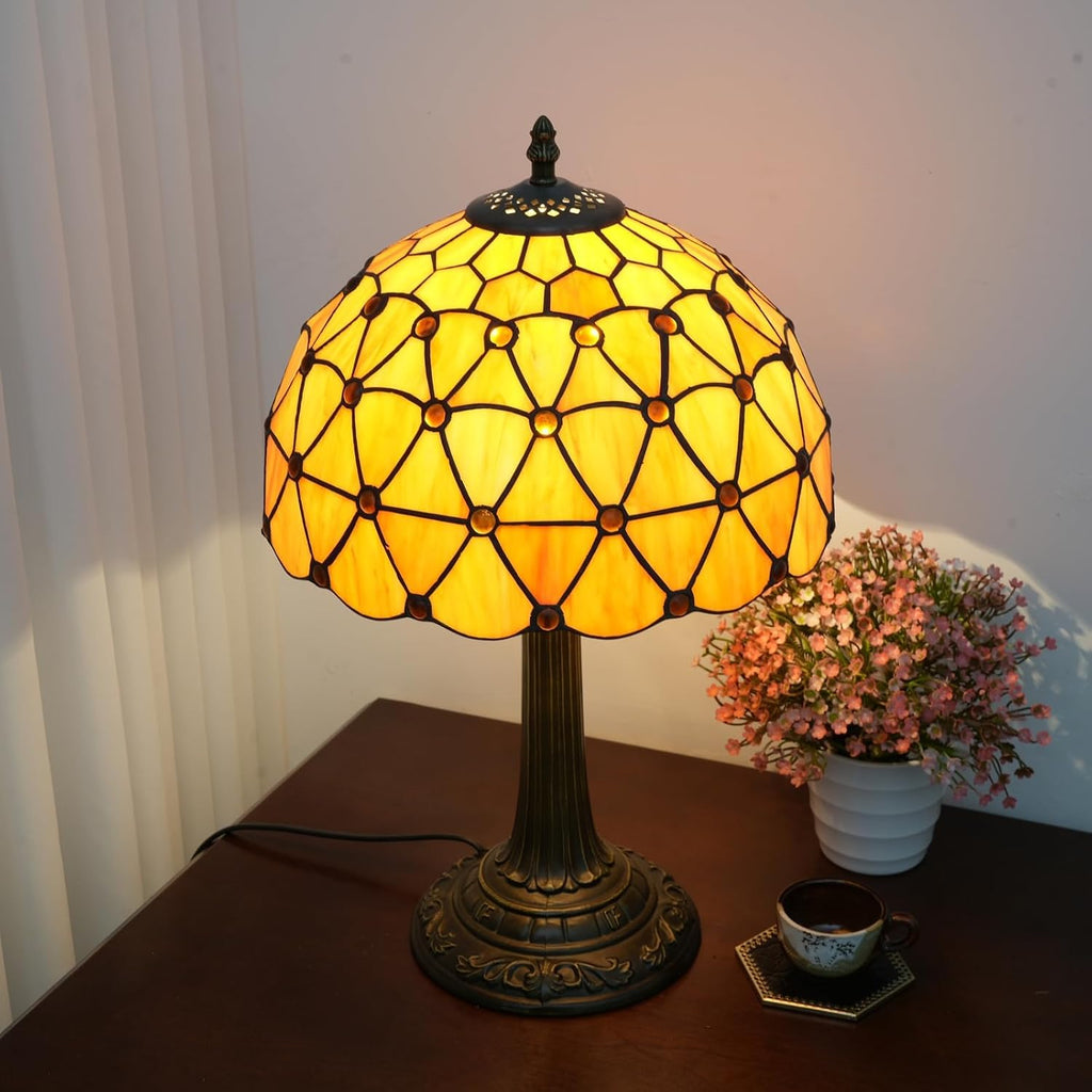 Tiffany Lamp Vintage Bead Orange Table Lamps Bedside for Bedroom Dector Stained Glass Lamps Living Room end Office Kitchen Hotel Bar Farmhouse 12 Inch Aesthetic Nightstand 70s 80s Reading Desk Light