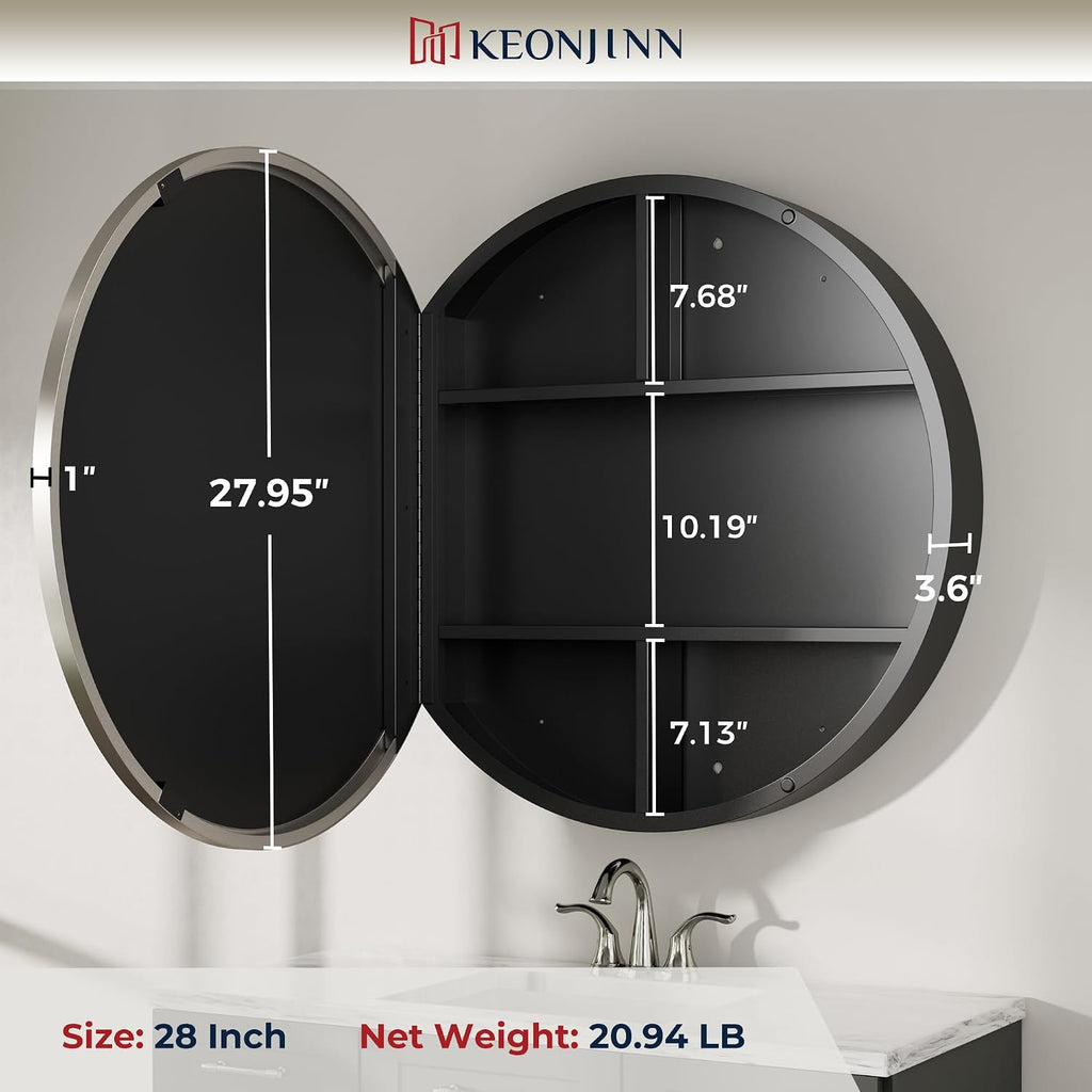 Keonjinn 28 x 28 in Round Medicine Cabinets for Bathroom, Brushed Nickel Surface Mount Medicine Cabinet, Circle Medicine Cabinet with Mirror, Adjustable Shelves Framed Bathroom Mirror with Storage