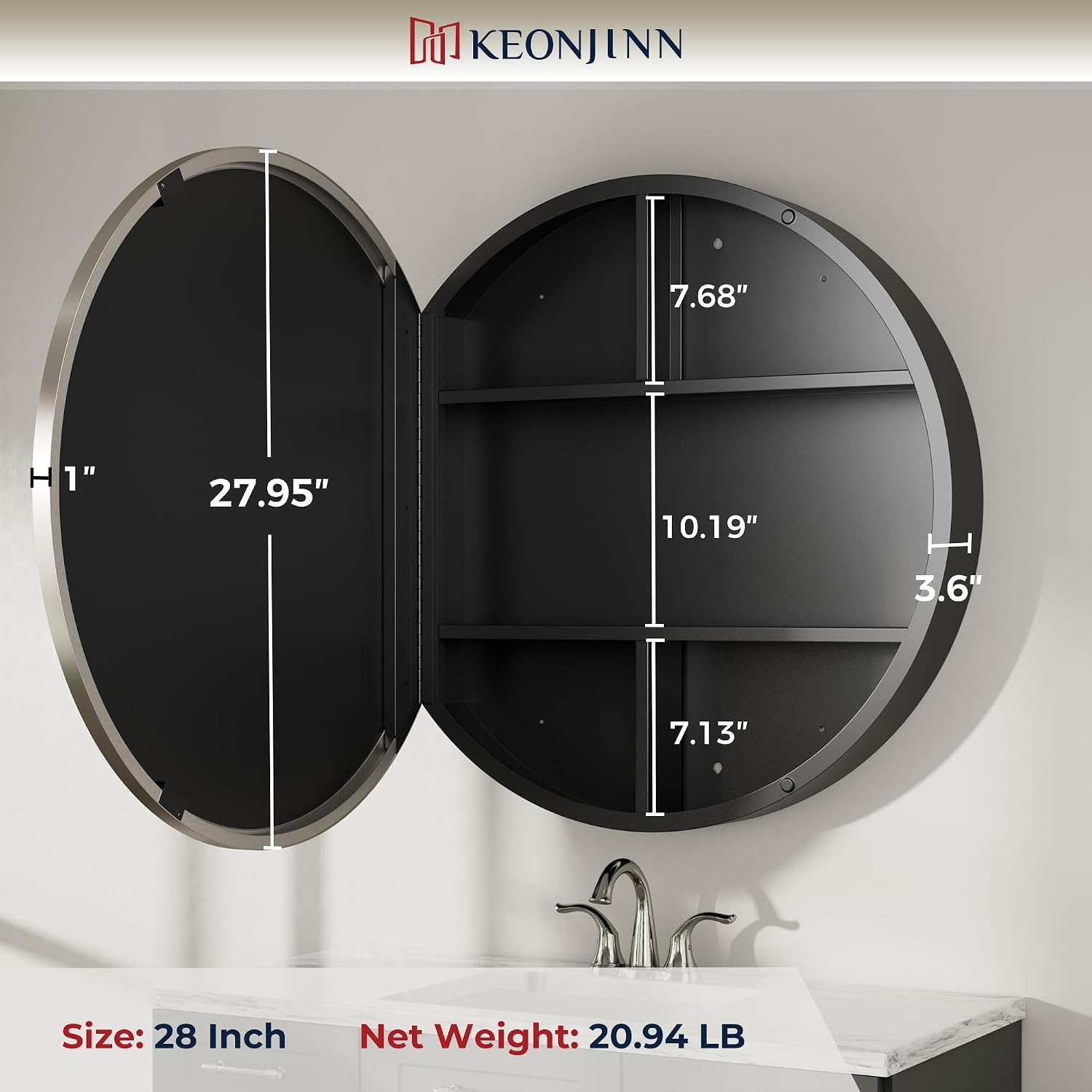 Keonjinn 28 x 28 in Round Medicine Cabinets for Bathroom, Brushed Nickel Surface Mount Medicine Cabinet, Circle Medicine Cabinet with Mirror, Adjustable Shelves Framed Bathroom Mirror with Storage