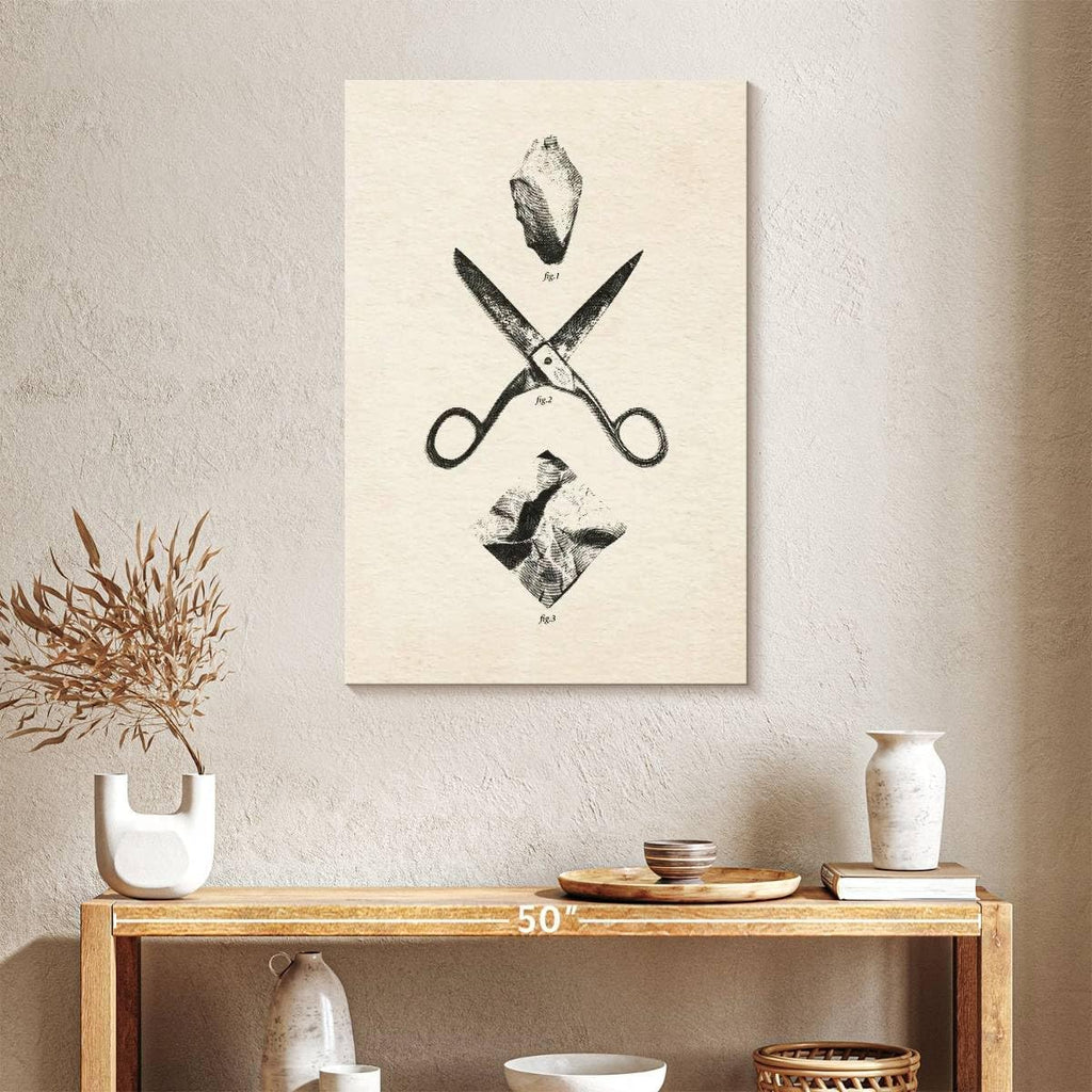 ElephantStock - Rock Scissors Paper Vintage Wall Art - Vertical Canvas Wall Art - Home Office Wall Decor - Drawing Game Canvas Art - Black And Gray Decor by Daniel Coulmann - 24' x 36'