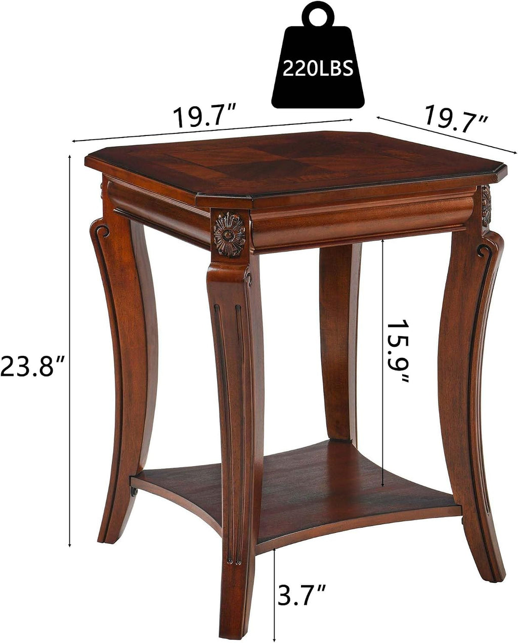 Square End Table with Storage Shelf, Farmhouse Sofa Side Tables for Living Room, Solid Wood Beside Table- With Floral Tabletop,Telephone Tabless, 19.7'D x 19.7'W x 23.8'H Cherry Brown CJZ-A1168-WD