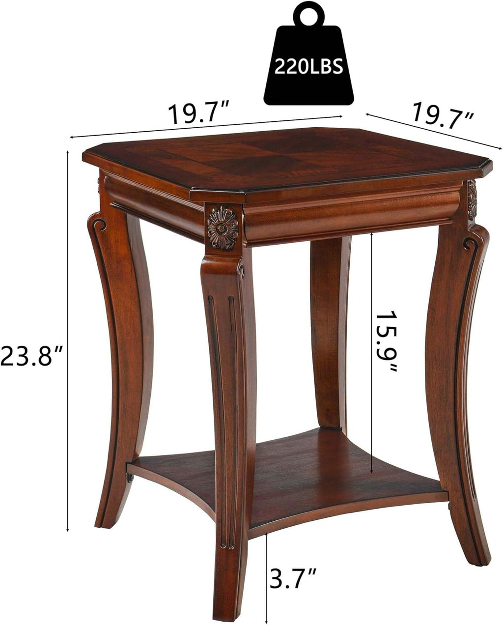 PADMA HOUSE Solid Wood Small End Table with Storage Shelf, Vintage Square Sofa Side Table with Splicing Tabletop and Curved Legs, 2-Tier Bedside Tables Nightstand in Cherry,19.7' Dx23.8 H