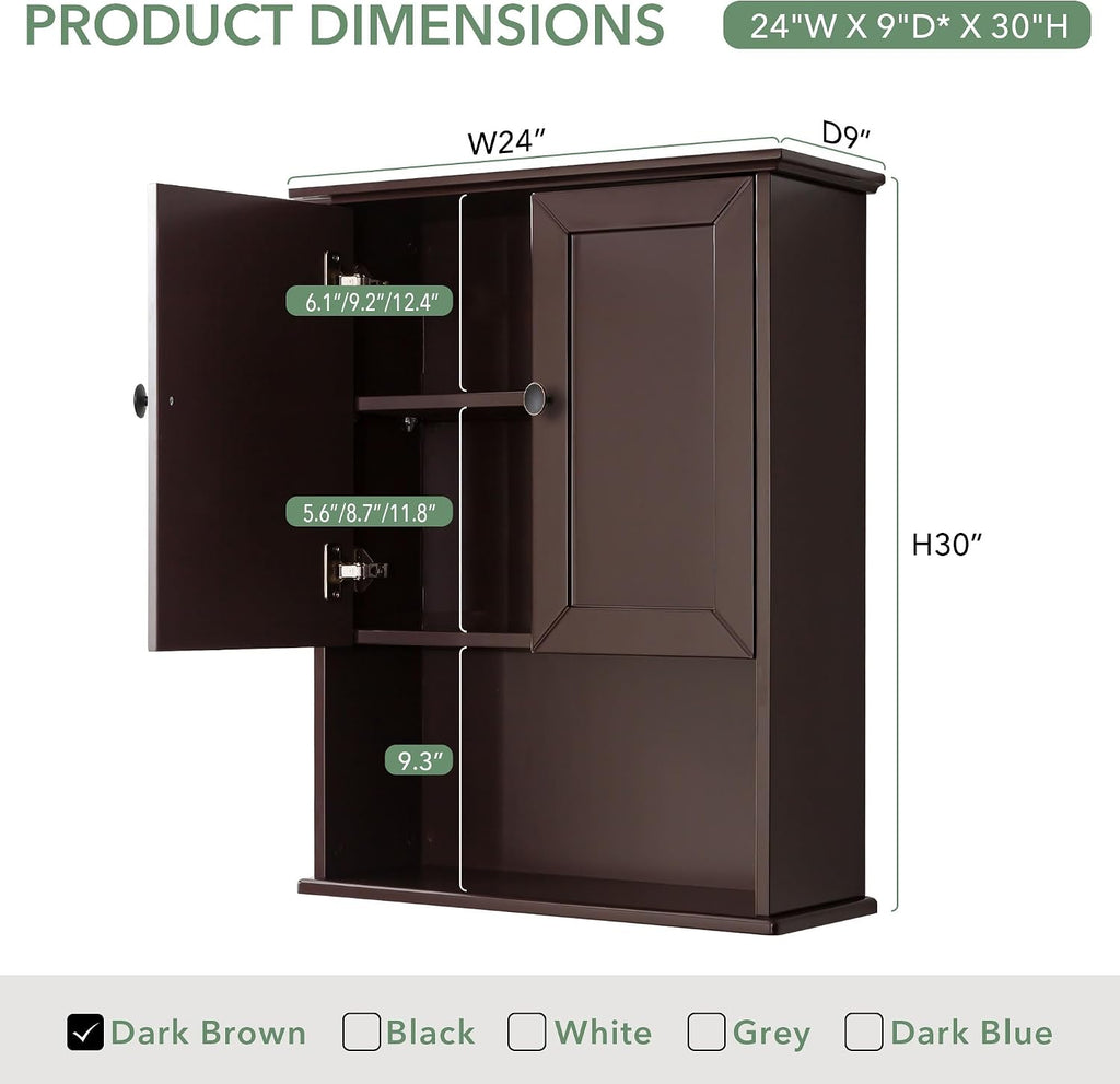 Bathroom Cabinet Wall Mounted Dark Espresso Wooden Medicine Cabinets Over Toilet Storage 24x30 Inch Hanging Wall Cabinet with 2 Door & Adjustable Shelf, Soft Hinge, Metal Handle