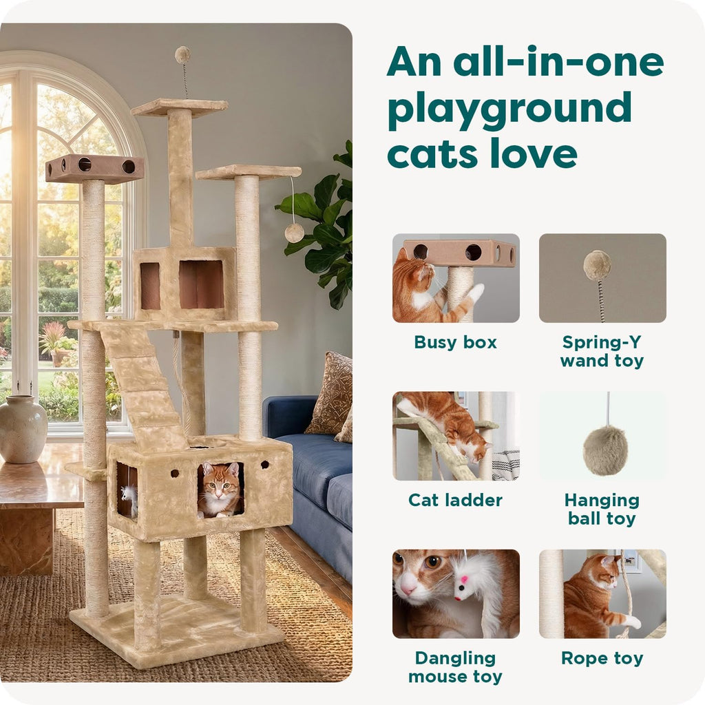 FurHaven 69.3' Tall Cat Scratching Post Tower for Indoor Cats, Sisal Cat Tree with 2 Condos, Tiger Tough Double Decker Playground, Toys & Perches for Cats, Sisal, Cream