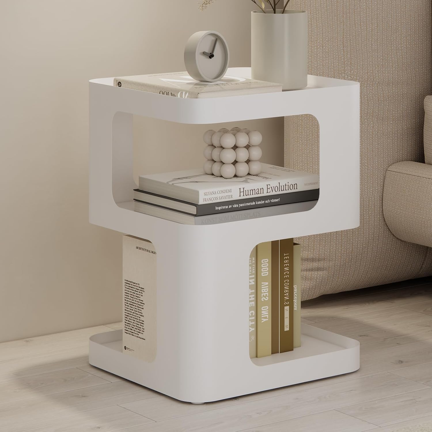 Modern Side Table for Sofa & Couch,White Metal Bedside Table,3 Tier end Tables with Storage for Living Room & Bedroom,Compact Nightstand for Small Spaces,No Assembly Required