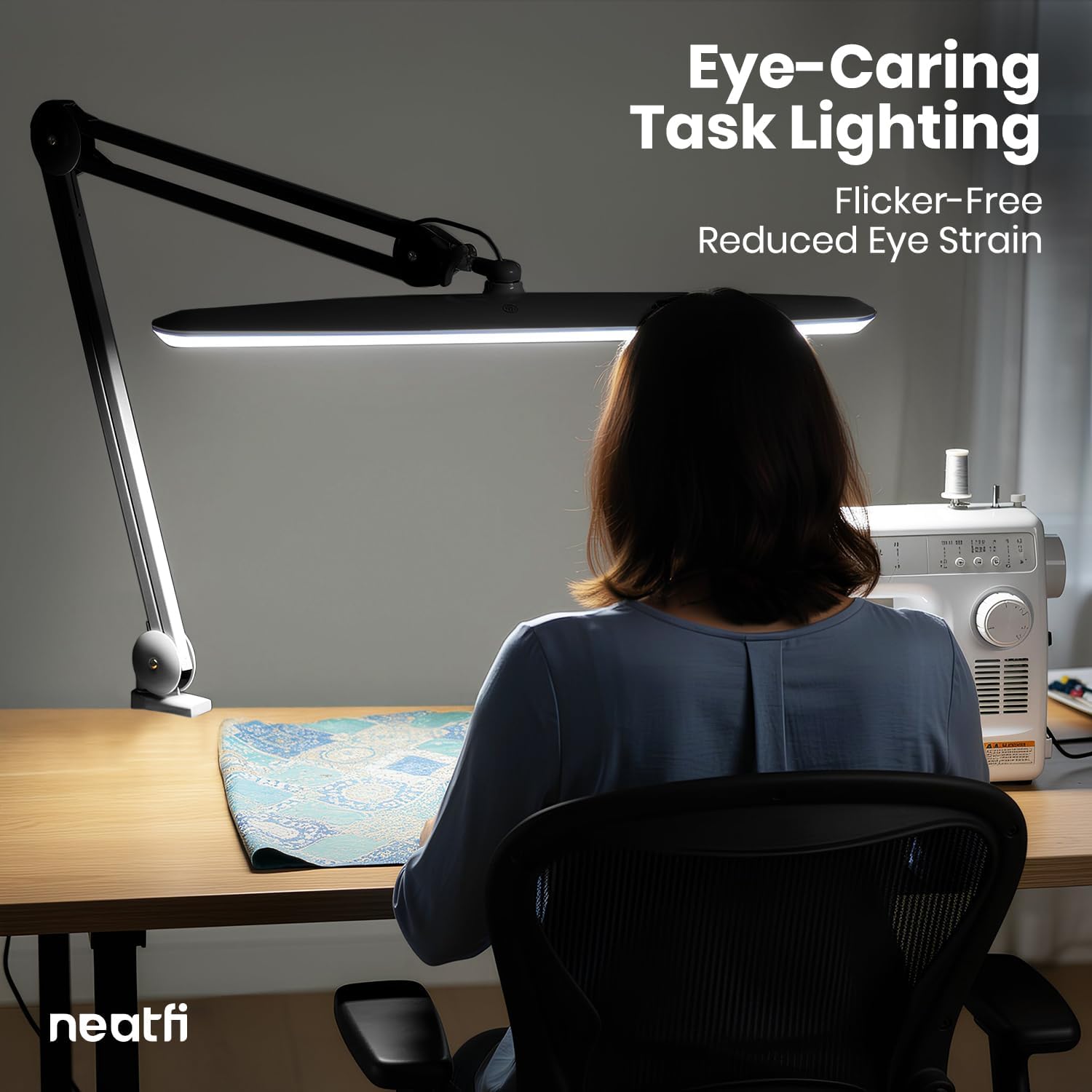 Neatfi XL 2,200 Lumens 24W LED Desk Lamp – 23' Wide Shade | Dimmable Eye-Caring Task Light | Adjustable Arm | Home Office, Study, Crafts & Nail Tech (Black, Non-CCT with Clamp)