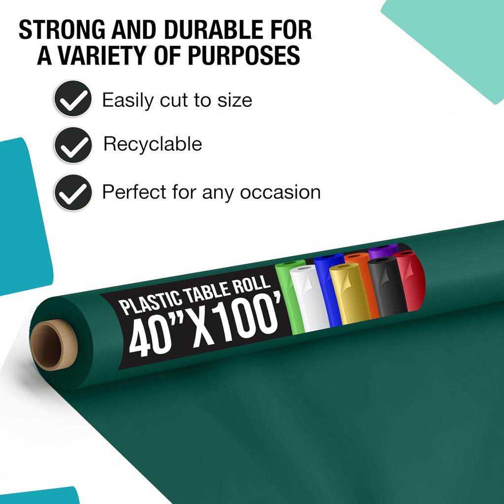 Exquisite Party Solids Dark Green Plastic Table Cover Roll Pack of 6, 40' X 100' Table Cloth Plastic Cover Roll - Premium Quality Thick 0.5 MIL Banquet Rolls - Disposable Tablecloth Rolls