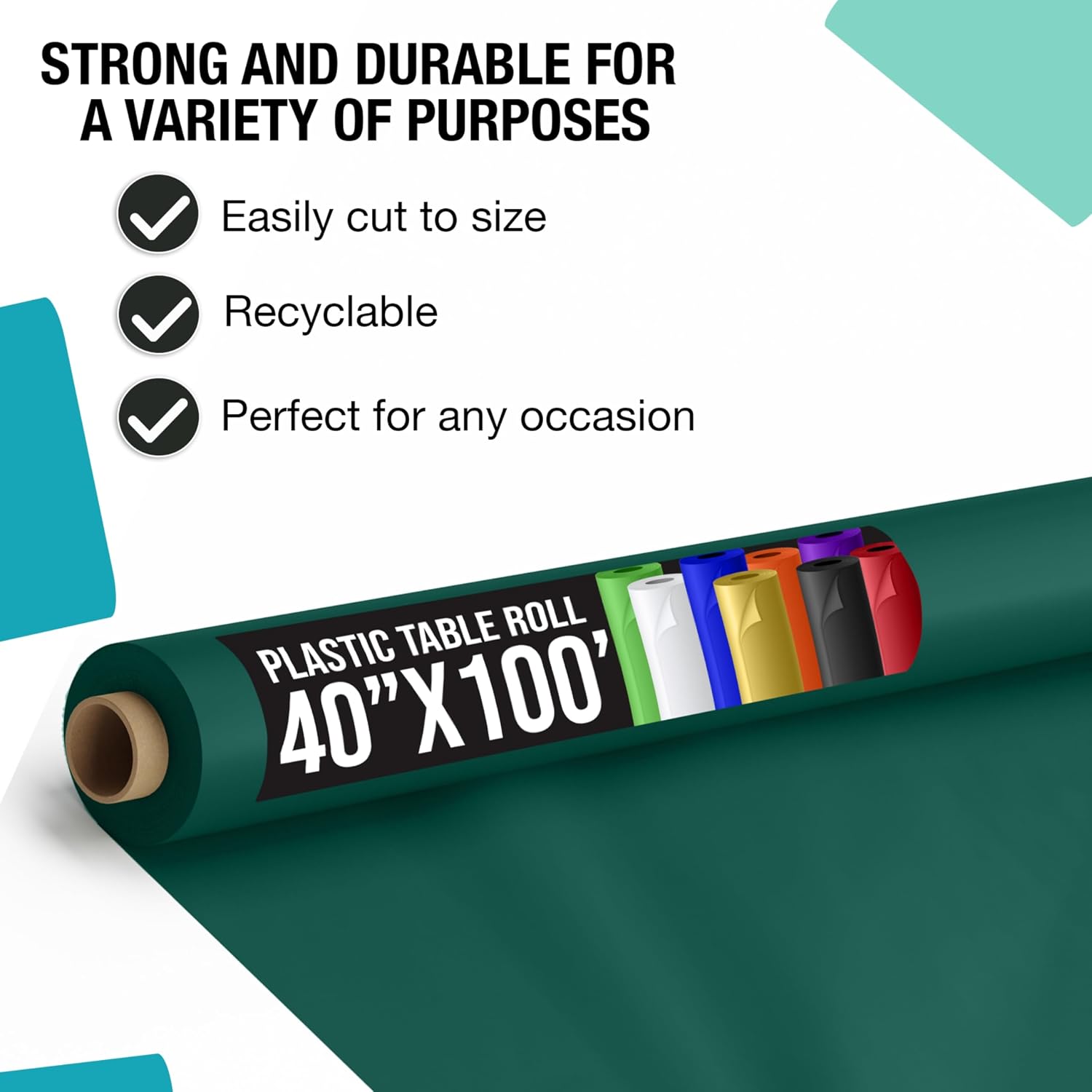 Exquisite Party Solids Dark Green Plastic Table Cover Roll Pack of 6, 40' X 100' Table Cloth Plastic Cover Roll - Premium Quality Thick 0.5 MIL Banquet Rolls - Disposable Tablecloth Rolls