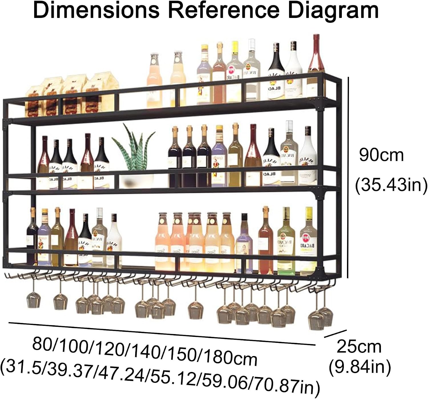 Metal Wall Wine Rack Bar Shelves Liquor Shelf Wall Mounted with LED Light Hanging Wine Glass Holder Rack for Liquor Bottles Floating Bar Cabinet Liquor Bottle Display Shelf for Home Bar Kitchen(Black,