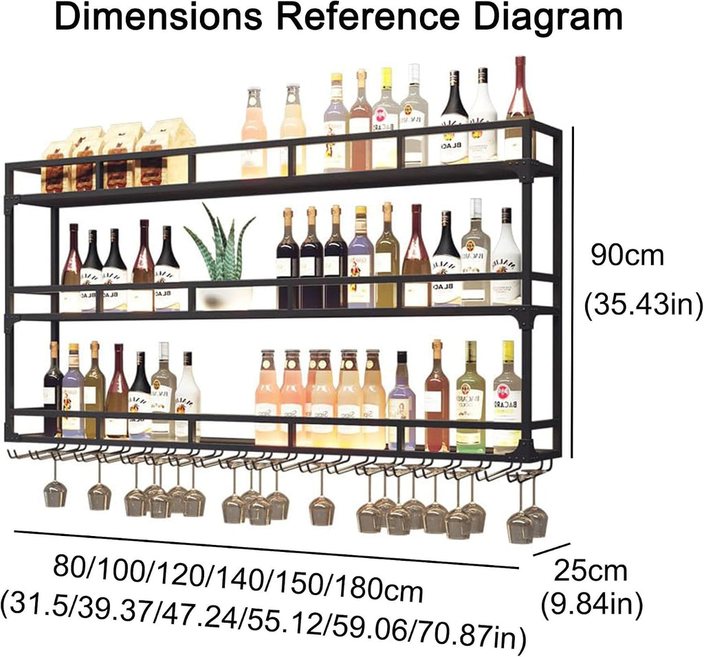 Metal Wall Wine Rack Bar Shelves Liquor Shelf Wall Mounted with LED Light Hanging Wine Glass Holder Rack for Liquor Bottles Floating Bar Cabinet Liquor Bottle Display Shelf for Home Bar Kitchen(Black,