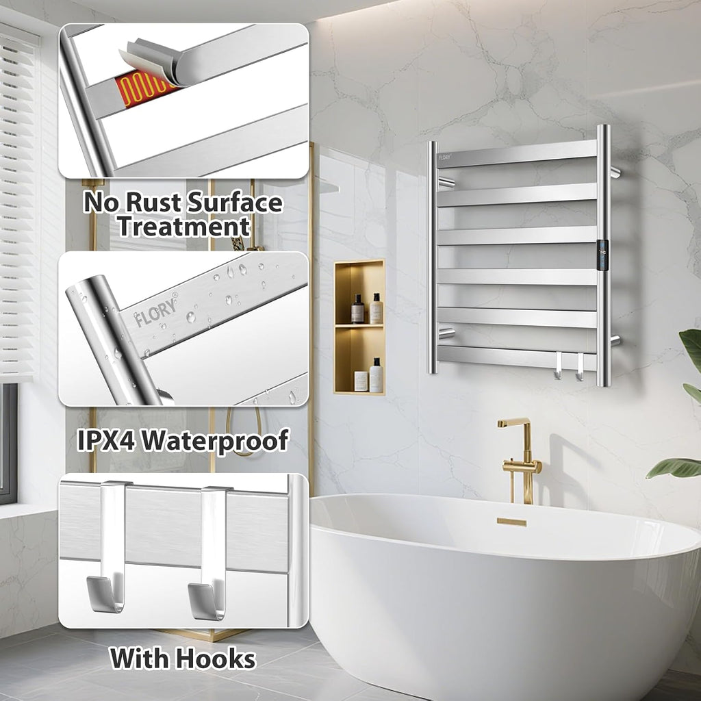 R FLORY Heated Towel Rack for Bathroom, 6 Bar Wall Mounted Towel Warmer Rack Flat with Timer & Temperature, Electric Towel Heater with LED Display Screen, Plug-in,Brushed Nickel