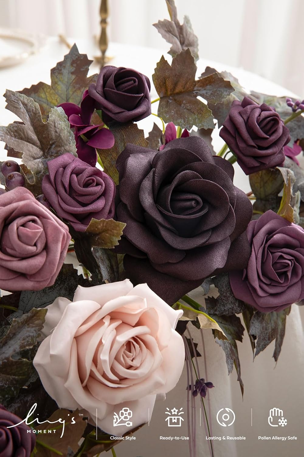 Ling's moment 9FT Flower Garland for Backdrop Decorations - Wedding Arch Flowers, Eucalyptus & Rose, Artificial Floral Garland for Mantle - Sweetheart Table Decor for Beach Reception, Purple