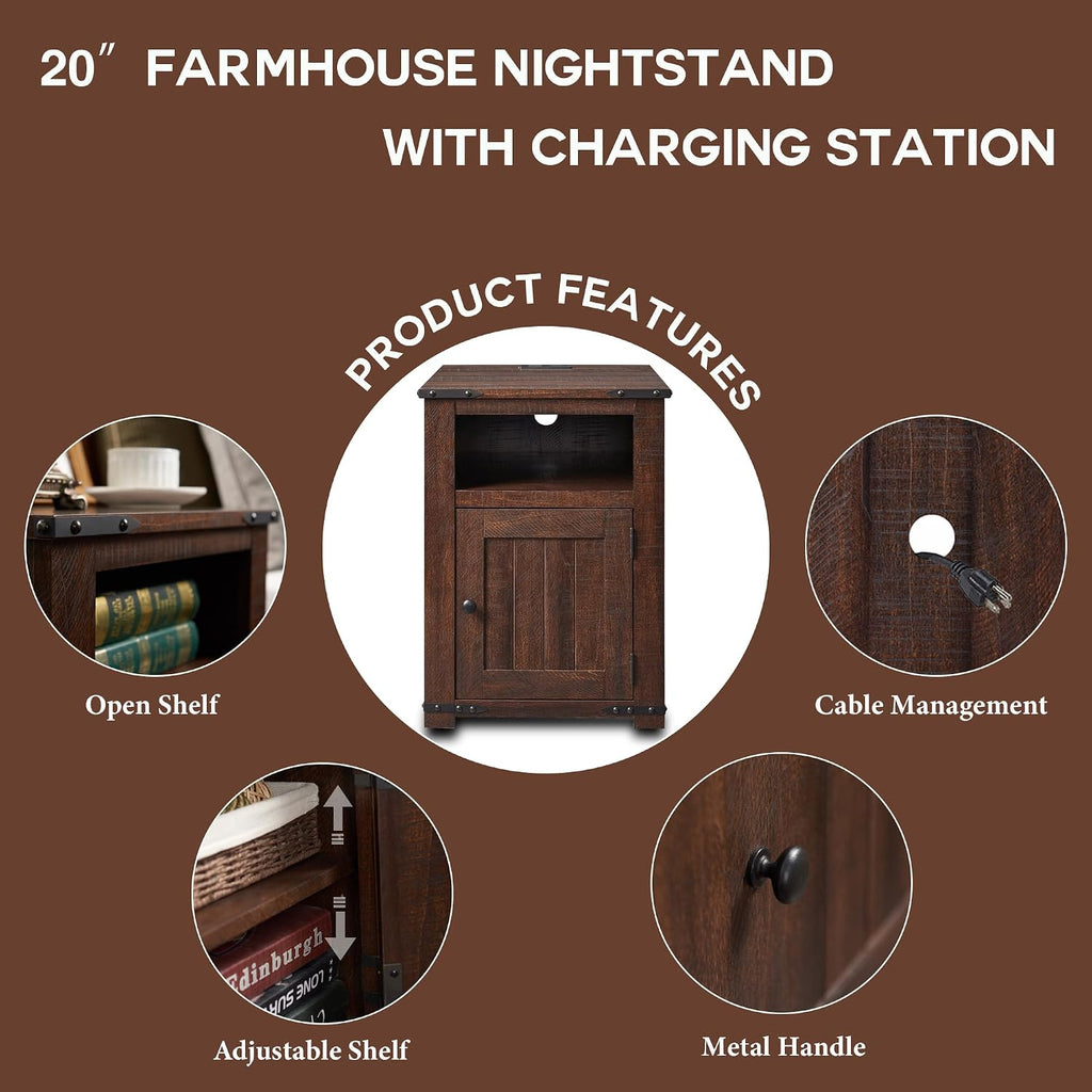 IFGET Nightstand with Charging Station, 20' Farmhouse End Table w/Groove Barn Door, Rustic Wood Sofa Side Bedside Table w/Open & Adjustable Shlef for Bedroom, Living Room, Brown