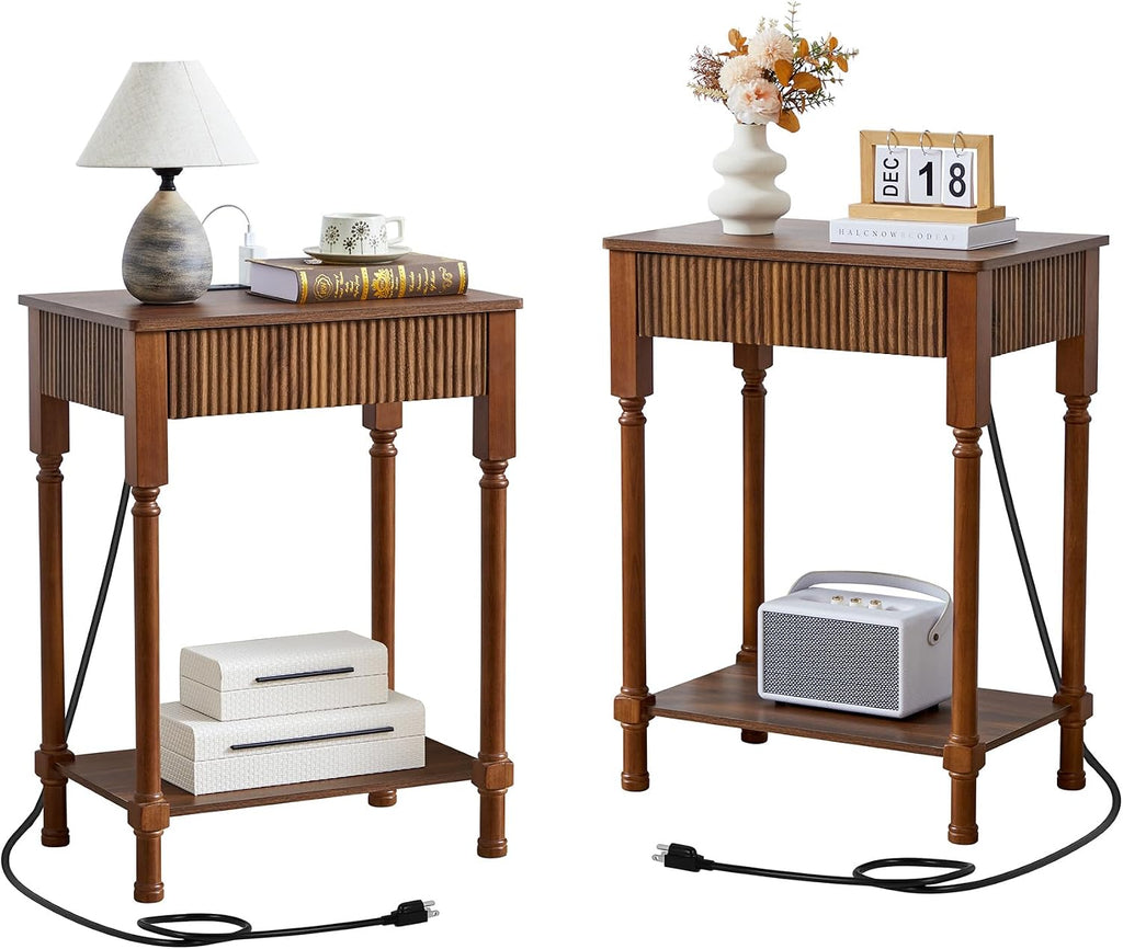 23.6' Large End Table with Charging Station, Set of 2, Modern Farmhouse Side Table with Drawer&Open Shelf, Fluted Wood Bedside Table Sofa Tables Night Stand for Bedroom Living Room Home Office,Walnut