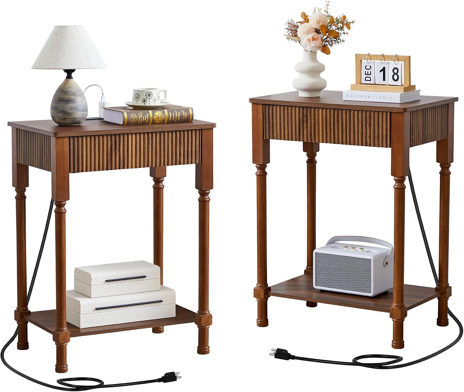 23.6' Large End Table with Charging Station, Set of 2, Modern Farmhouse Side Table with Drawer&Open Shelf, Fluted Wood Bedside Table Sofa Tables Night Stand for Bedroom Living Room Home Office,Walnut