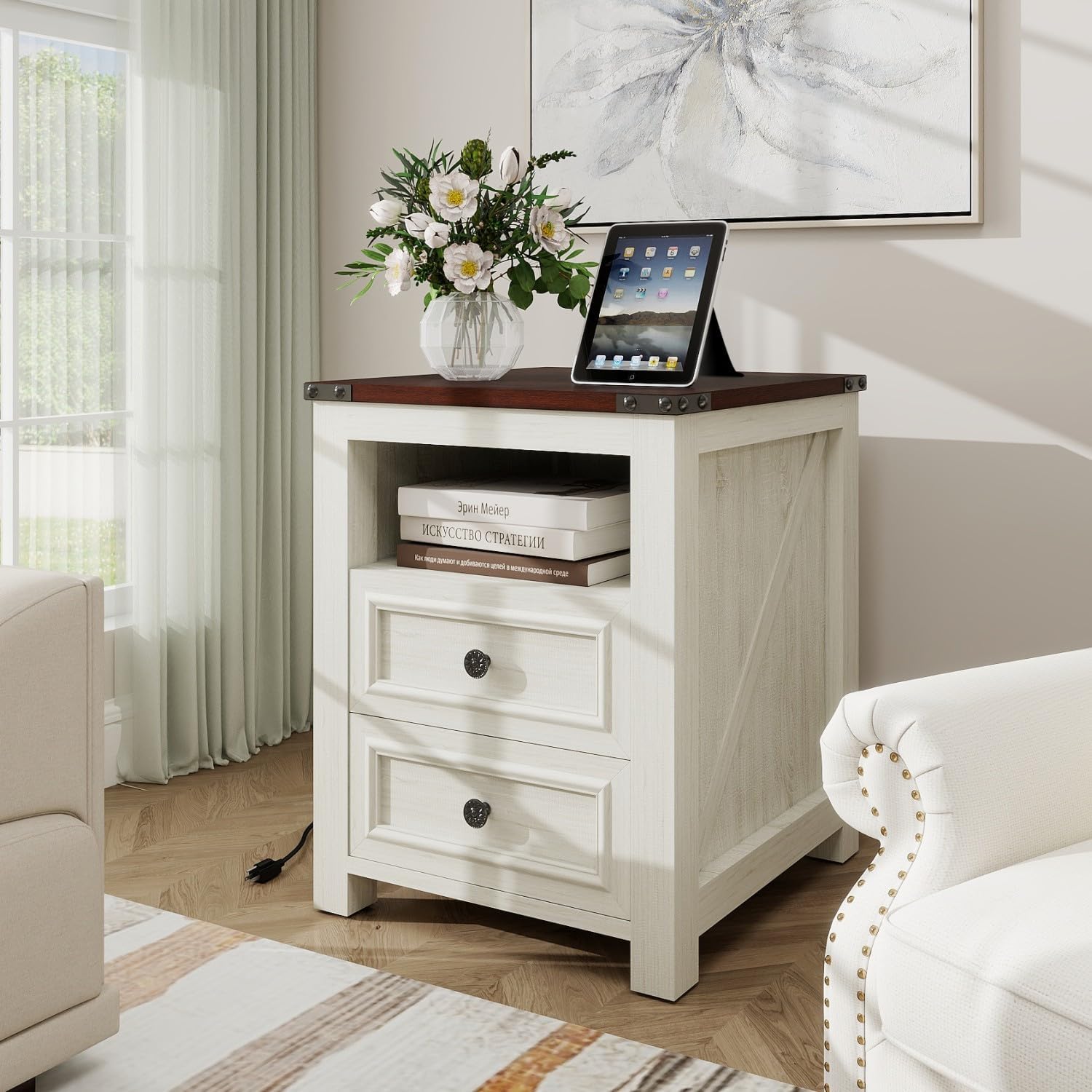 MUUEGM Farmhouse End Table with Charging Station, Side Table for Living Room, Sofa Side Table with Drawers and Storage Cabinet, Night Stand for Bedroom, White, Set of 2