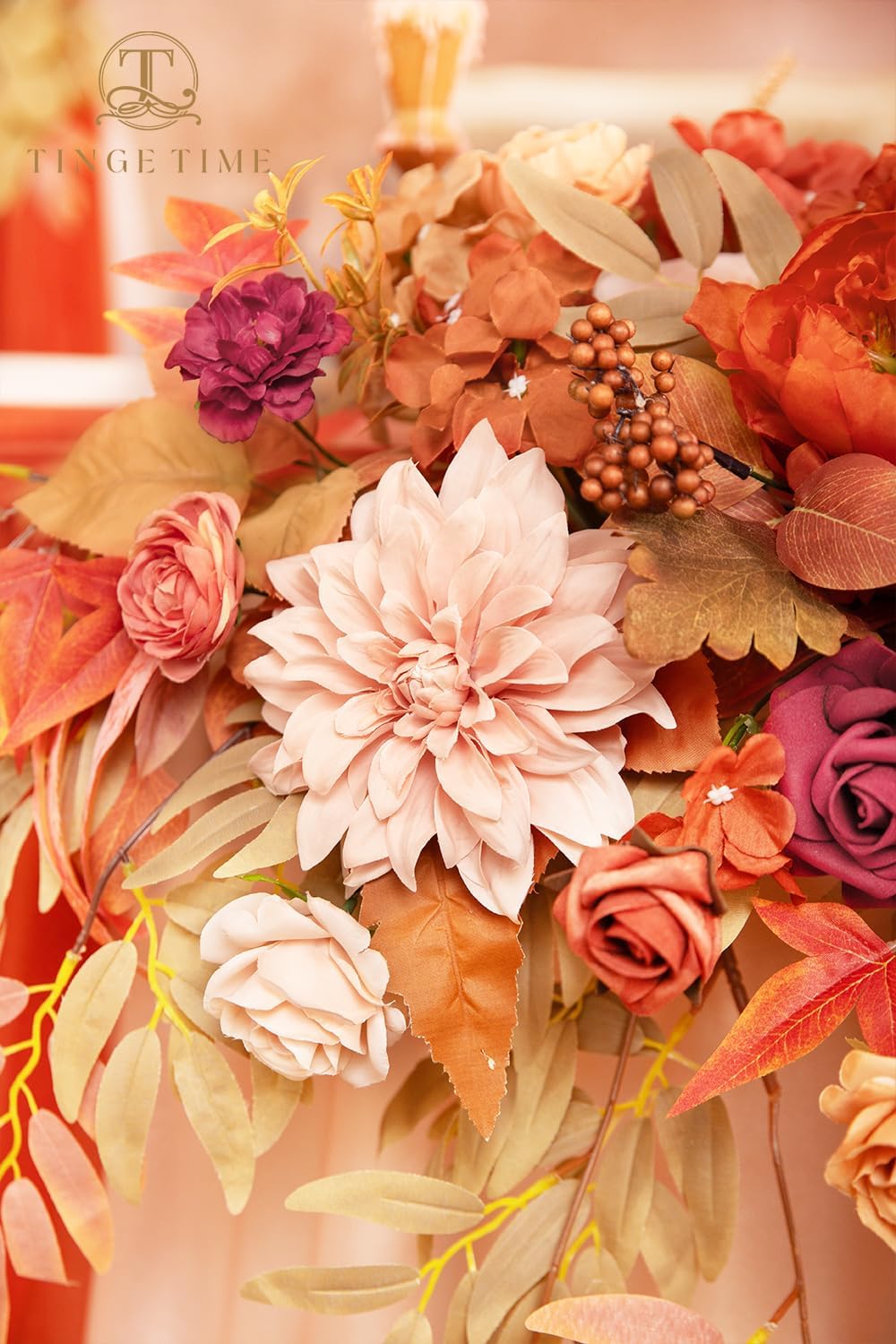TINGE TIME Artificial Sweetheart Flower Swag with Tablecloth and Table Runner, Pack of 3 Floral Arrangement for Autumn Wedding Sweetheart Table Centerpiece Fall Decoration (Maple Red)