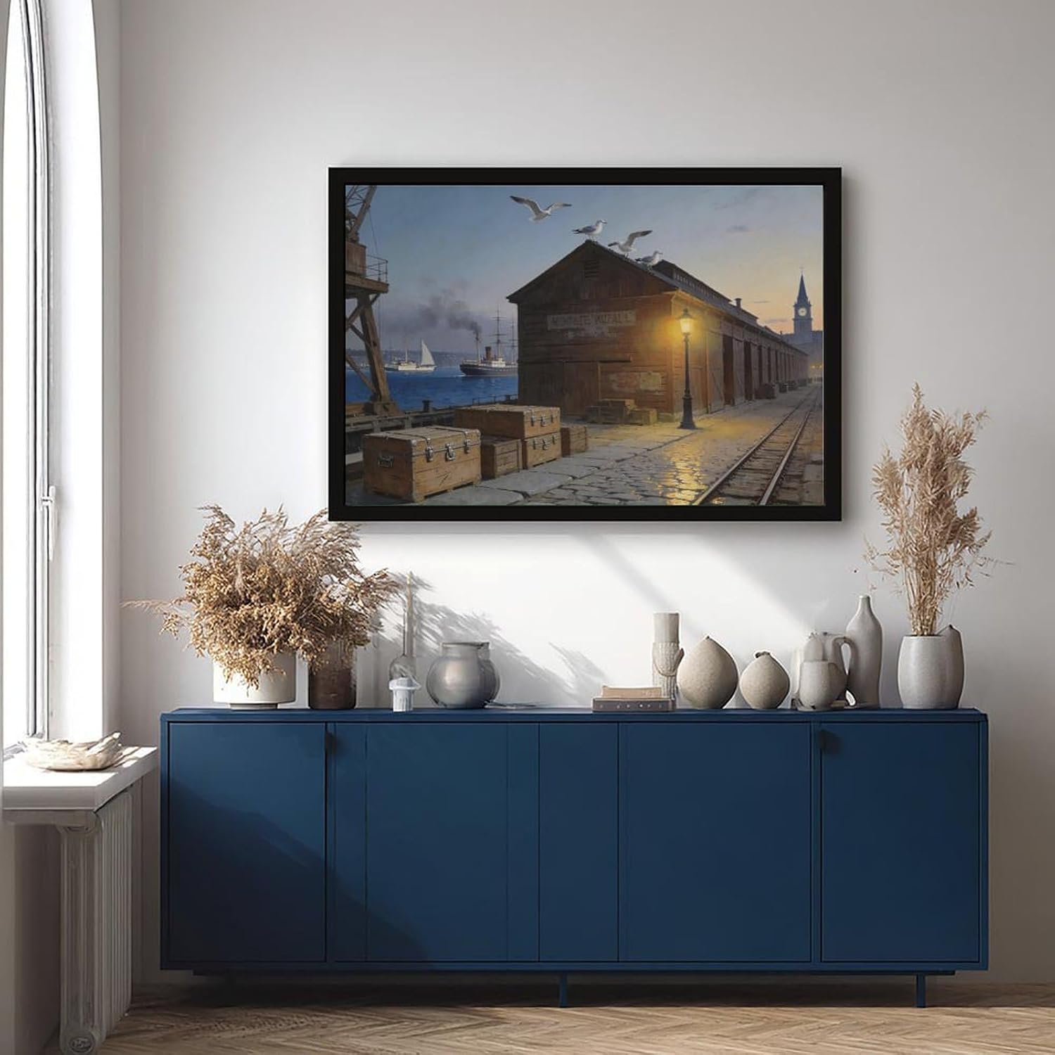 Coastal Harbor Pier Wall Art Canvas Print, Sunset Dock Seagulls Vintage Maritime Painting, Nautical Wall Decor for Living Room Office Bedroom 24x36in