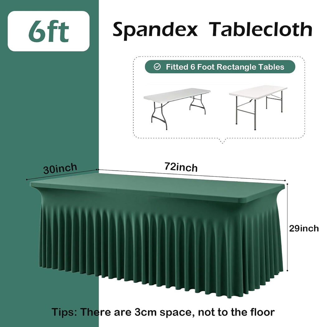 6 pk Hunter Green Spandex Tablecloth for 6 Foot Rectangle Tables, Wrinkle Free Fitted Spandex Table Covers 6ft Green Stretch Table Cloths with Ruffle Skirt for Parties Weddings Banquet Baby Shower