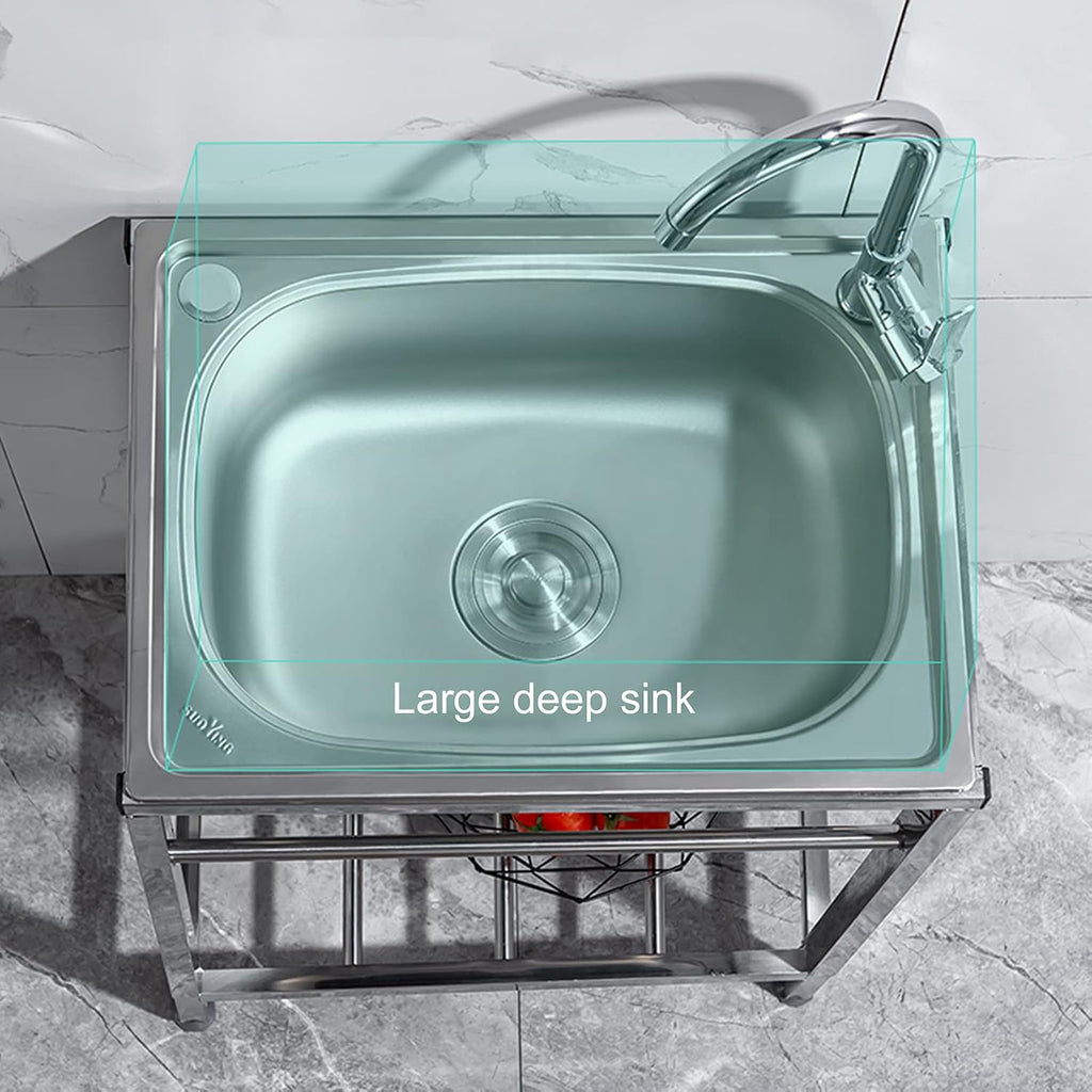 Commercial Stainless Steel Single Bowl Sink Freestanding Kitchen Sink with Faucet and Storage Shelves Restaurant Utility Sink Washing Hand Basin