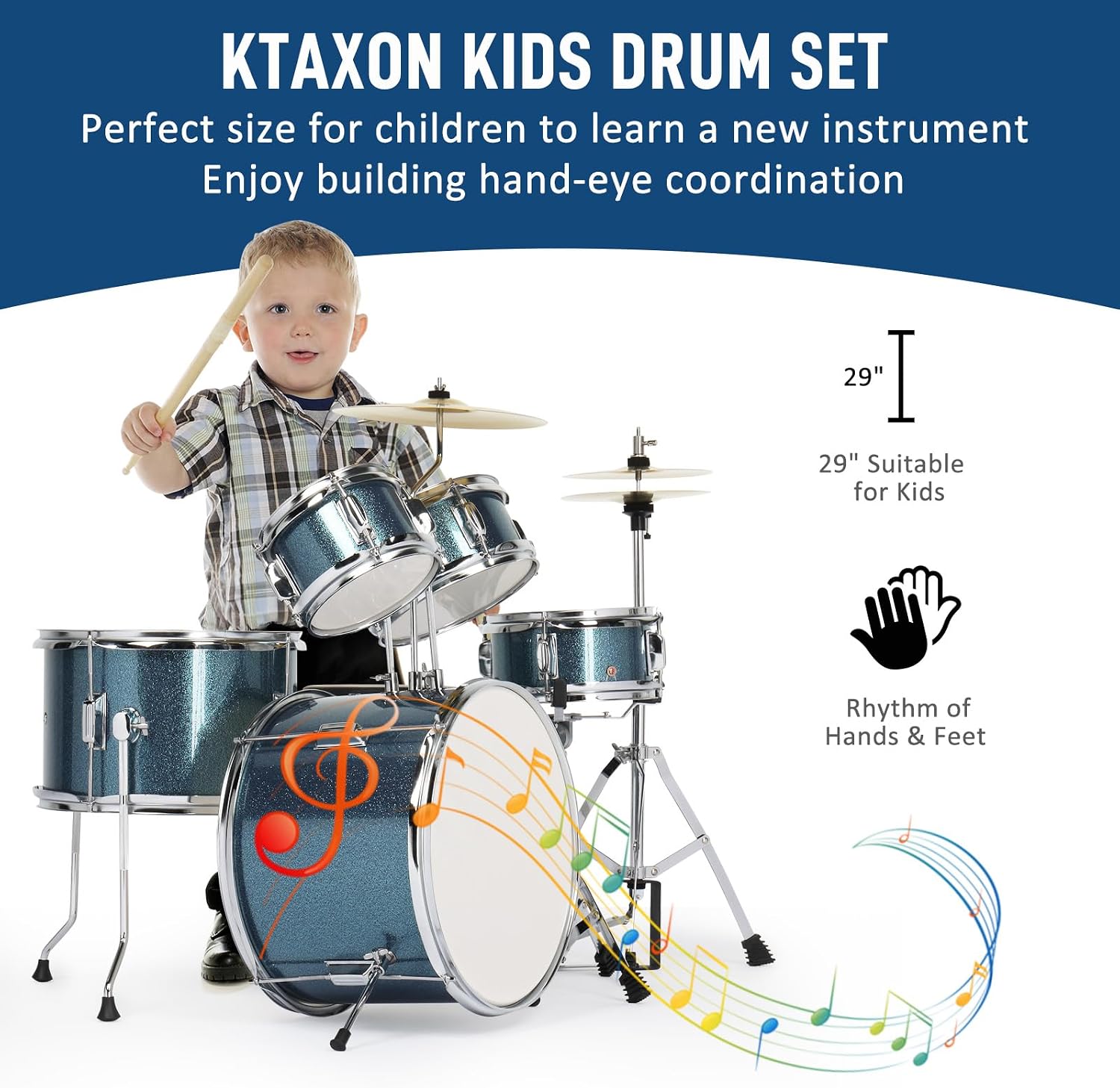 Ktaxon 5-Piece Complete Junior Drums Set, 14 Inch Beginners Drum Kit with Throne Stool, Pedal & Drumsticks, Drums Musical Instruments W/Cymbal, Hi-Hat, Floor, Tom and Snare Drum (Blue)