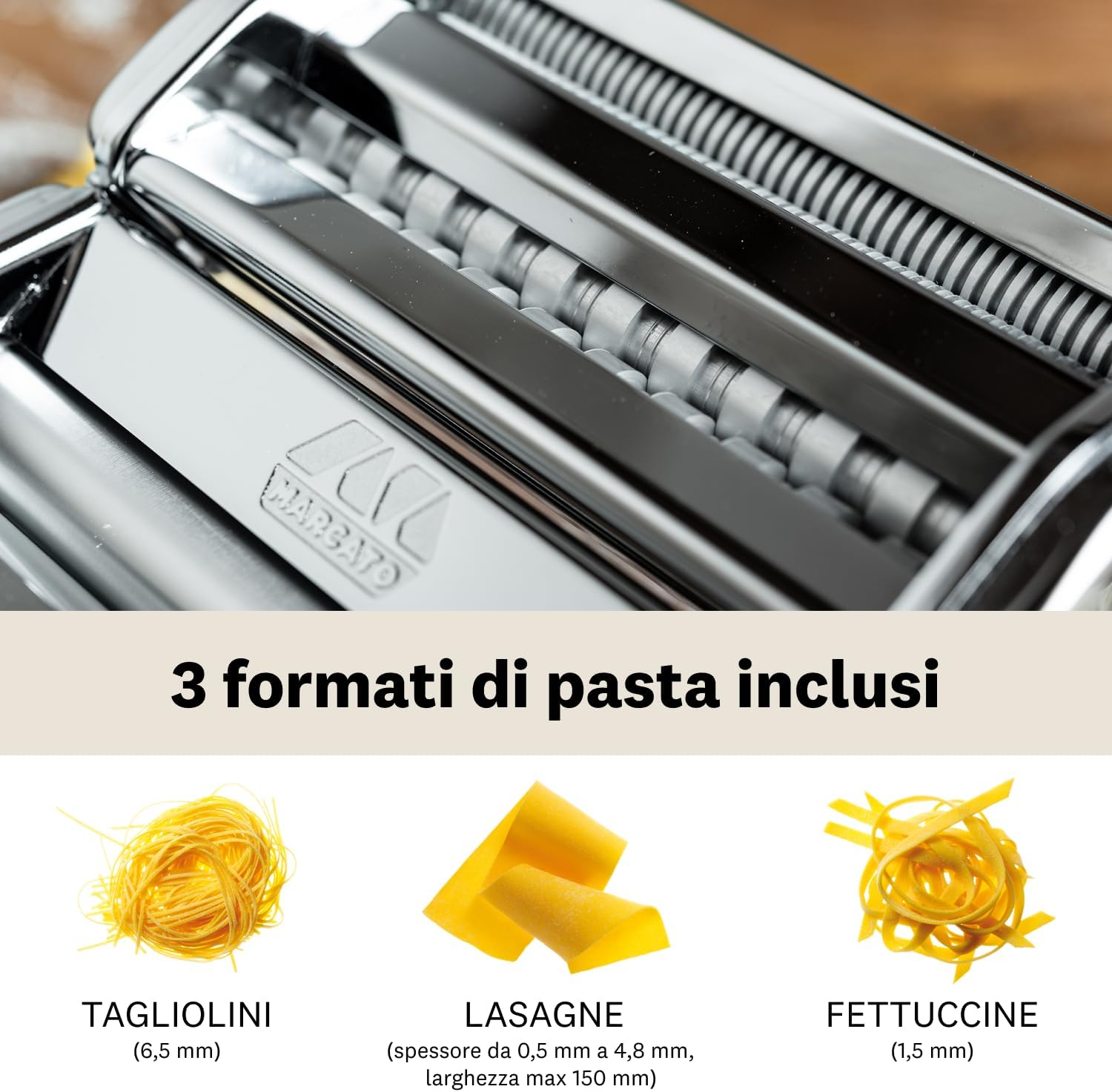 MARCATO Made in Italy Atlas 150 Classic Manual Pasta Maker Machine, Chrome Steel with Black Hand Crank. Makes Lasagna, Fettuccine & Tagliolini.