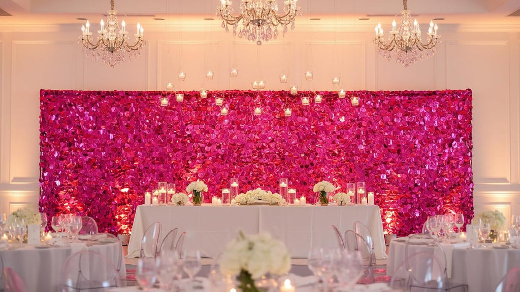 Anderson's Cerise Pink Metallic Floral Sheeting, 30 Ft. Parade Float Decoration for Trailers, Parties, Weddings, Proms, Photo Backdrops & Events – Shiny Fringe Garland for Indoor/Outdoor Use