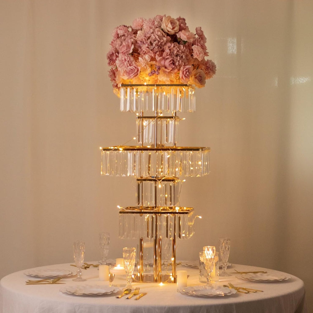 Efavormart Crystal Pendant 5-Tier Table Centerpiece Chandelier in Gold, 40' Flower Stand Metal Vase Square Pedestal with Hanging Crystals