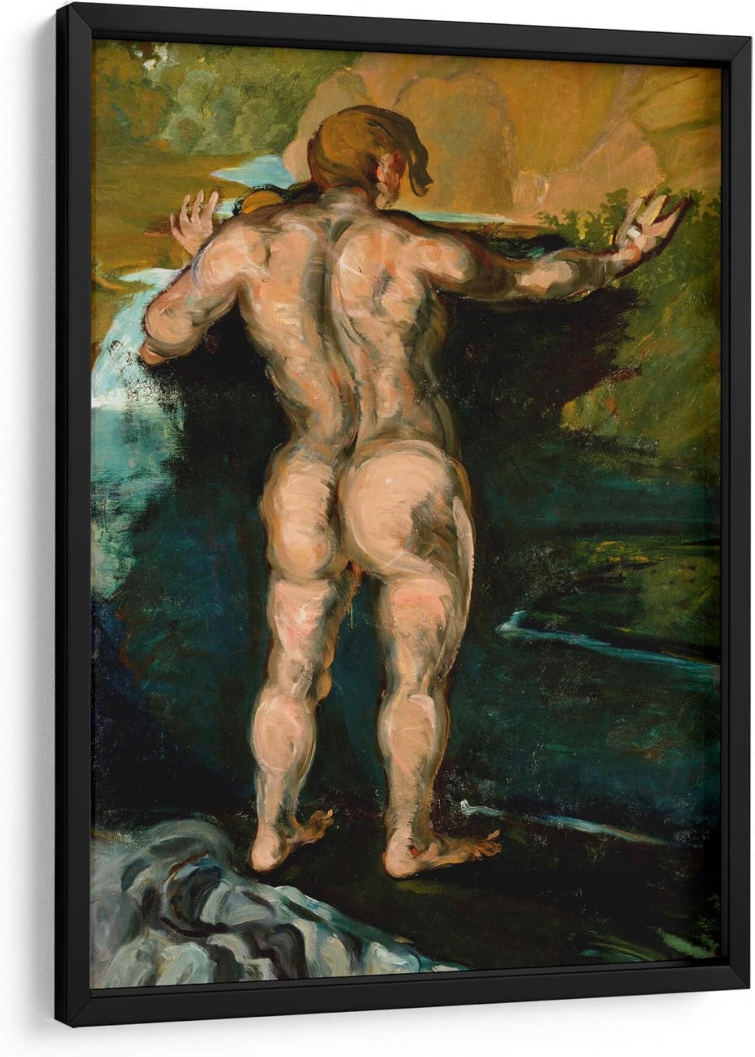Canvas Lab | Bather and Rocks by Paul Cézanne | 19 x 29 in | Fine Art Framed Print, Frame Color: Black | Classical art, Post Impressionism | Wall Decor for Bedroom, Living Room or Office