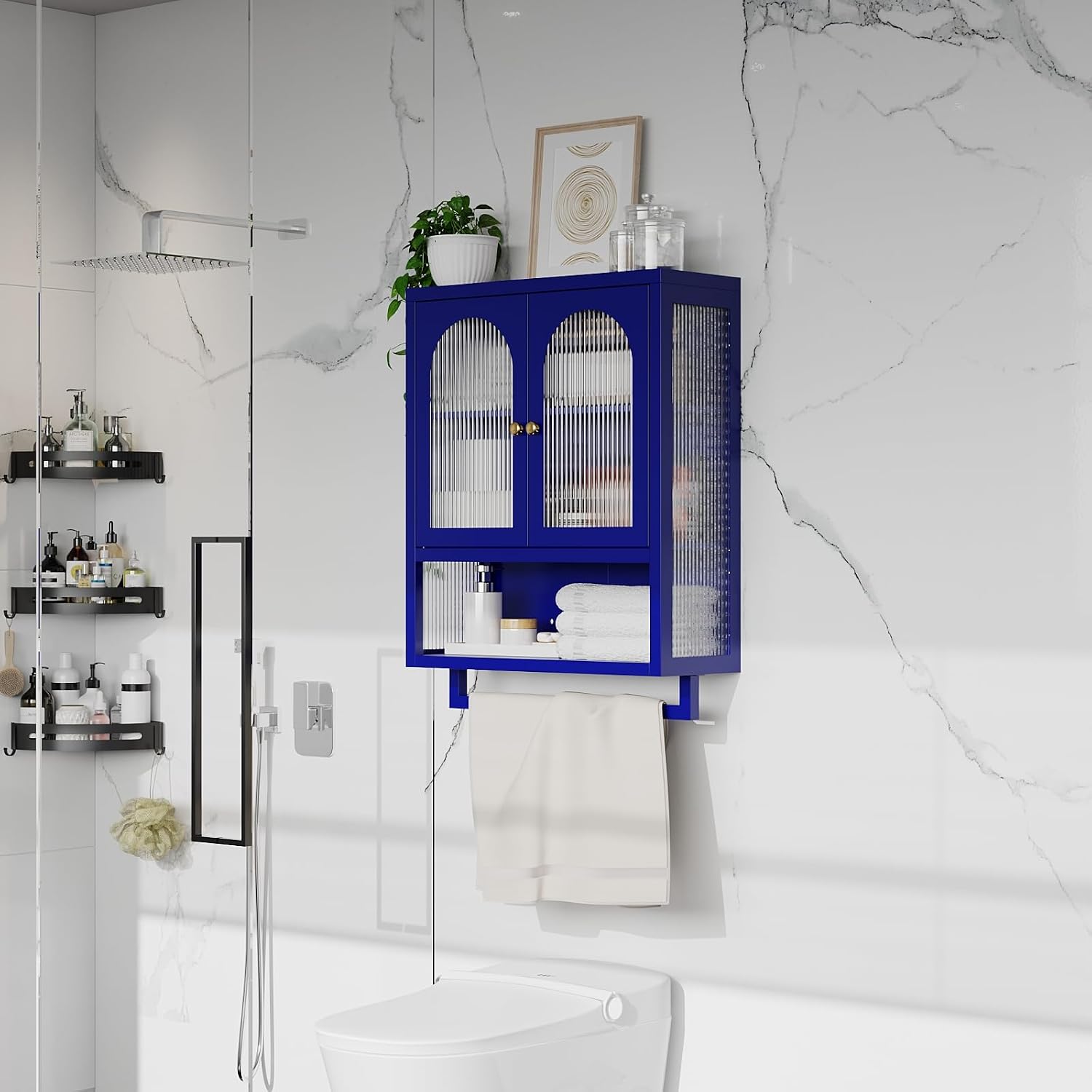 Modern Metal Wall Mount Bathroom Medicine Cabinet Above Toilet Storage with Fluted Glass Doors Towel Bar & Adjustable Shelves for Bathroom, Kitchen, Laundry Room, Dining Room, Blue