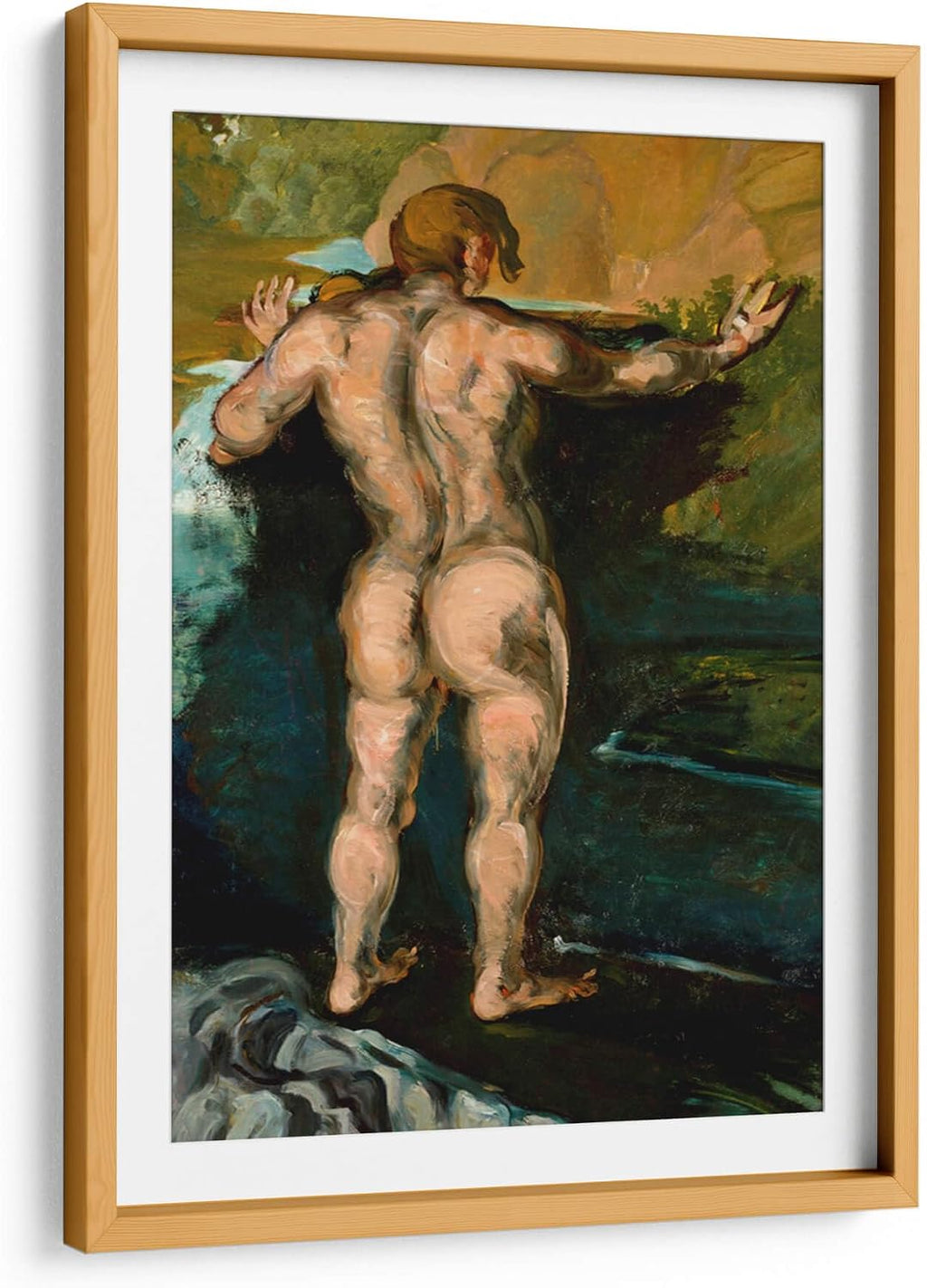 Canvas Lab | Bather and Rocks by Paul Cézanne | 15 x 23 in | Fine Art Framed Print, Frame Color: Natural, With Mat | Classical art, Post Impressionism | Wall Decor for Bedroom, Living Room or Office