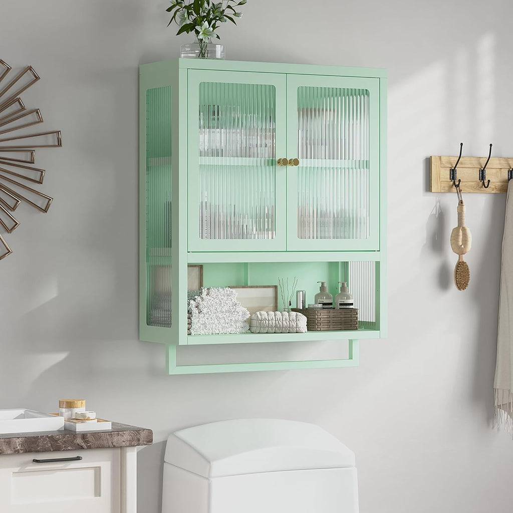 Bathroom Wall Cabinet with 2 Glass Door, Bathroom Medicine Cabinet with Towels Bar and Shelves, Over The Toilet Storage Cabinet, Metal Wall Mounted Cabinet for Laundry Room Kitchen (Green)