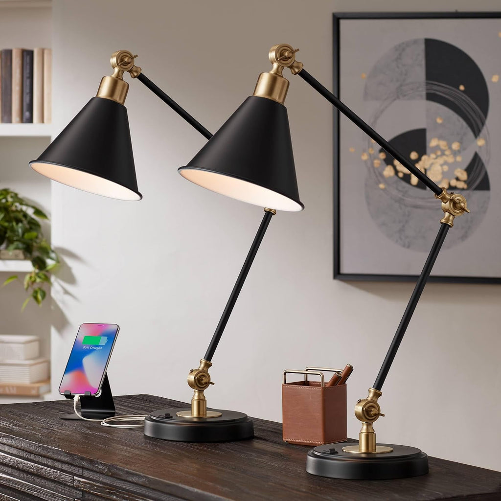 360 Lighting Wray 26 3/4' Tall Industrial Modern Desk Lamps Set of 2 USB Port Adjustable Black Brass Finish Metal Shade Home Office Living Room Charging Bedroom Bedside Nightstand House Reading