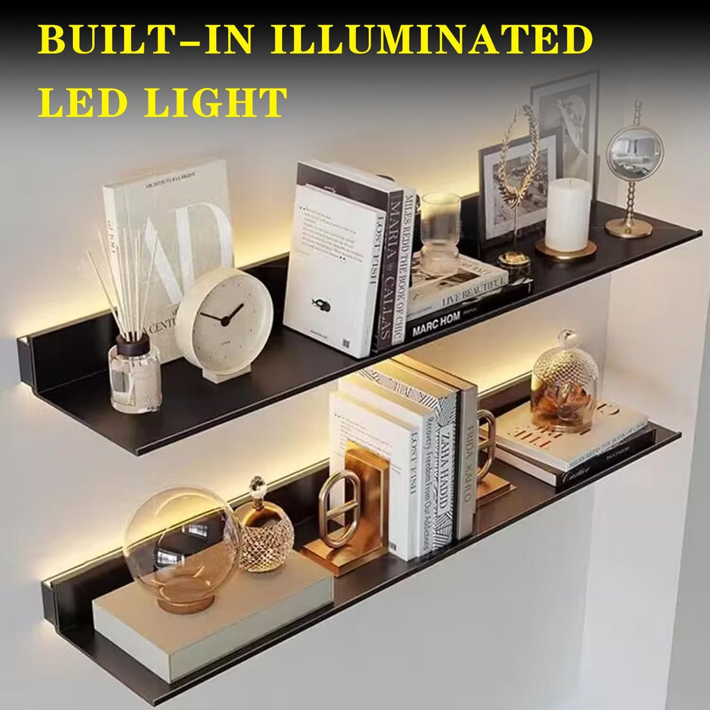 Corner Ledge Wall Shelf,Versatile Black Floating Wall Shelves with LED Lights, 2PCS, Metal Wall Mounted Large Bookshelf, Wall Storage Shelf for Home Decor, Hanging Lighted Display for Bar Ba