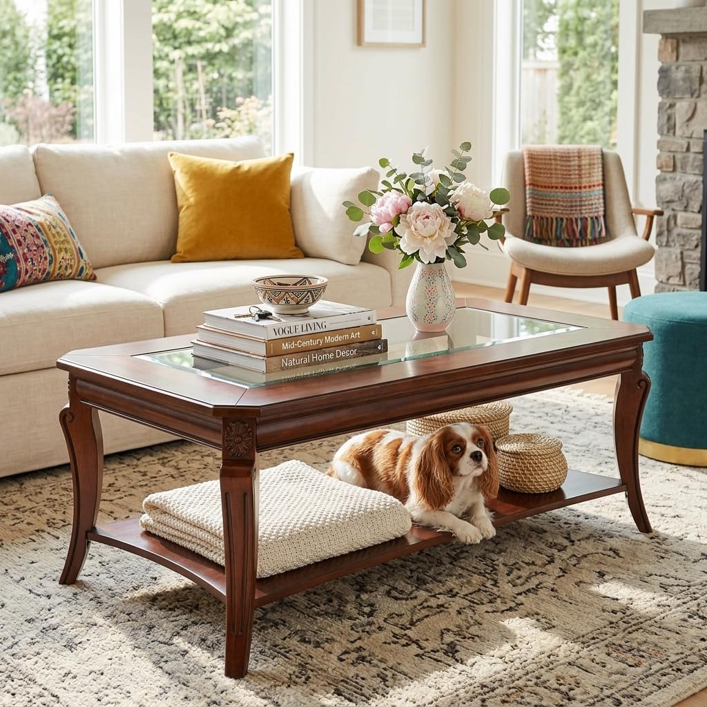 Traditional Rectangle Coffee Table with Tempered Glass for Living Room, Farmhouse Cocktail Table with Storage Shelf, Sofa Center Table for Office, 23.6'D x 47.2'W x 17.9'H,Cherry Brown KFZ-A1168-GT